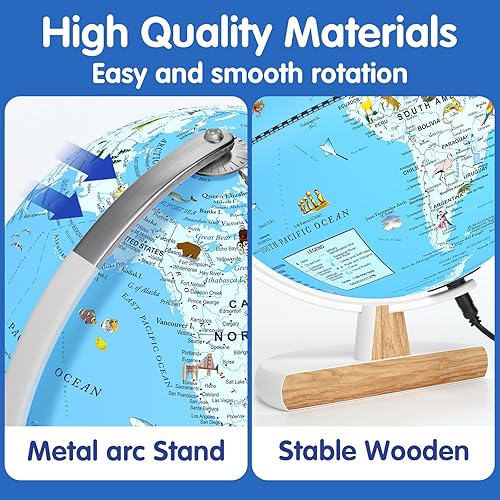 Miniatura 2 de JOWHOL Globo iluminado de 9 pulgadas para niños con ubicaciones del mundo e ilustraciones divertidas, soporte de madera y arco de metal iluminado