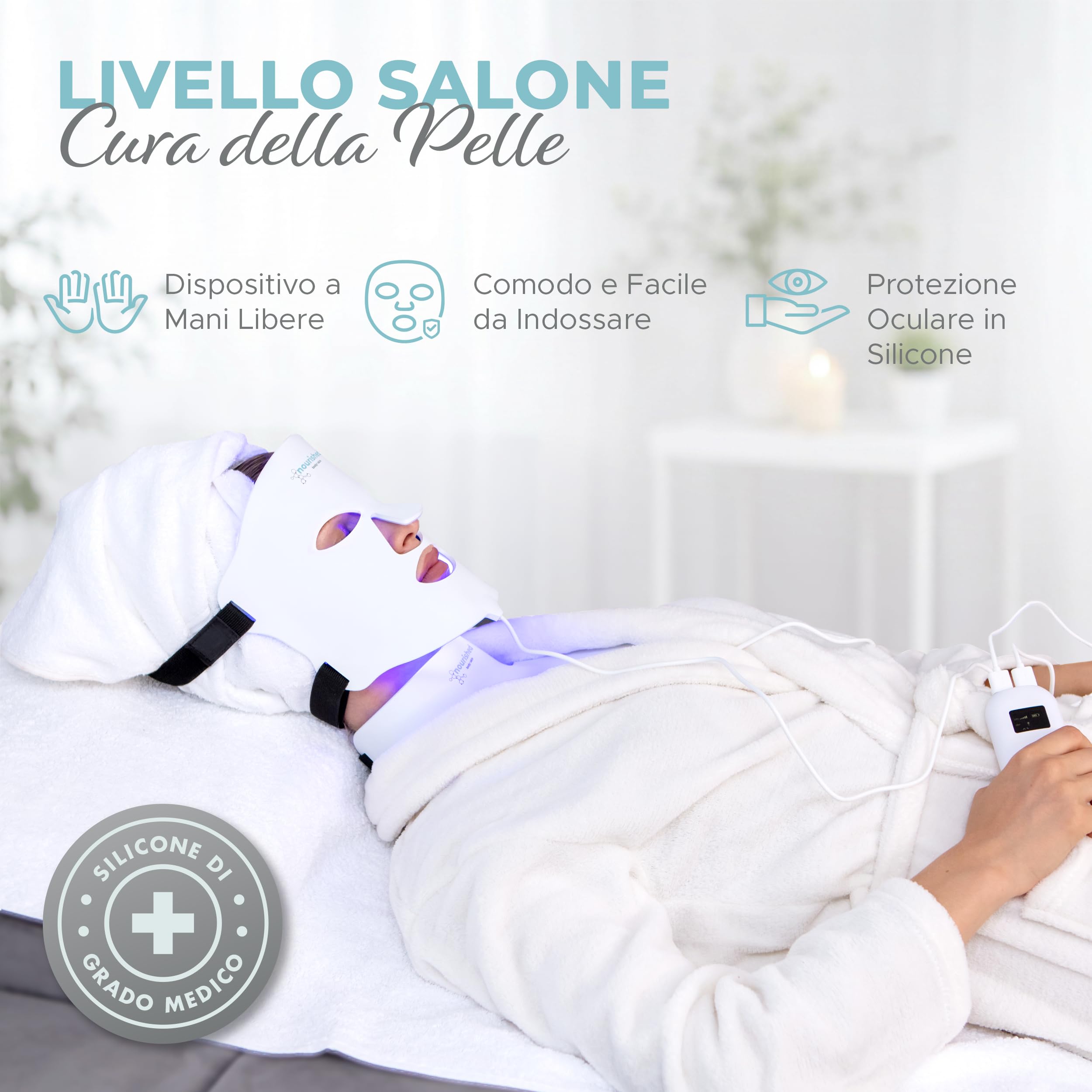 Nourished Bodynskin Maschera di Terapia con Luce LED per Viso & Collo - Dispositivo per la Cura della Pelle del Viso - 7 Colori Rosso & Blu - Ringiovanimento, Prodotto Anti-invecchiamento per le Rughe