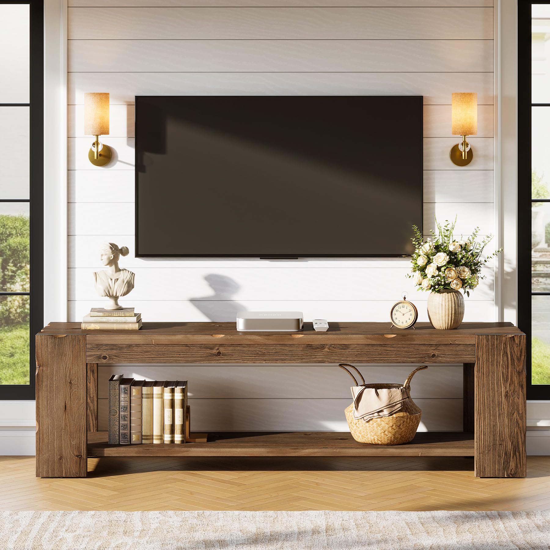 Meuble bas en bois massif marron rustique 140 cm