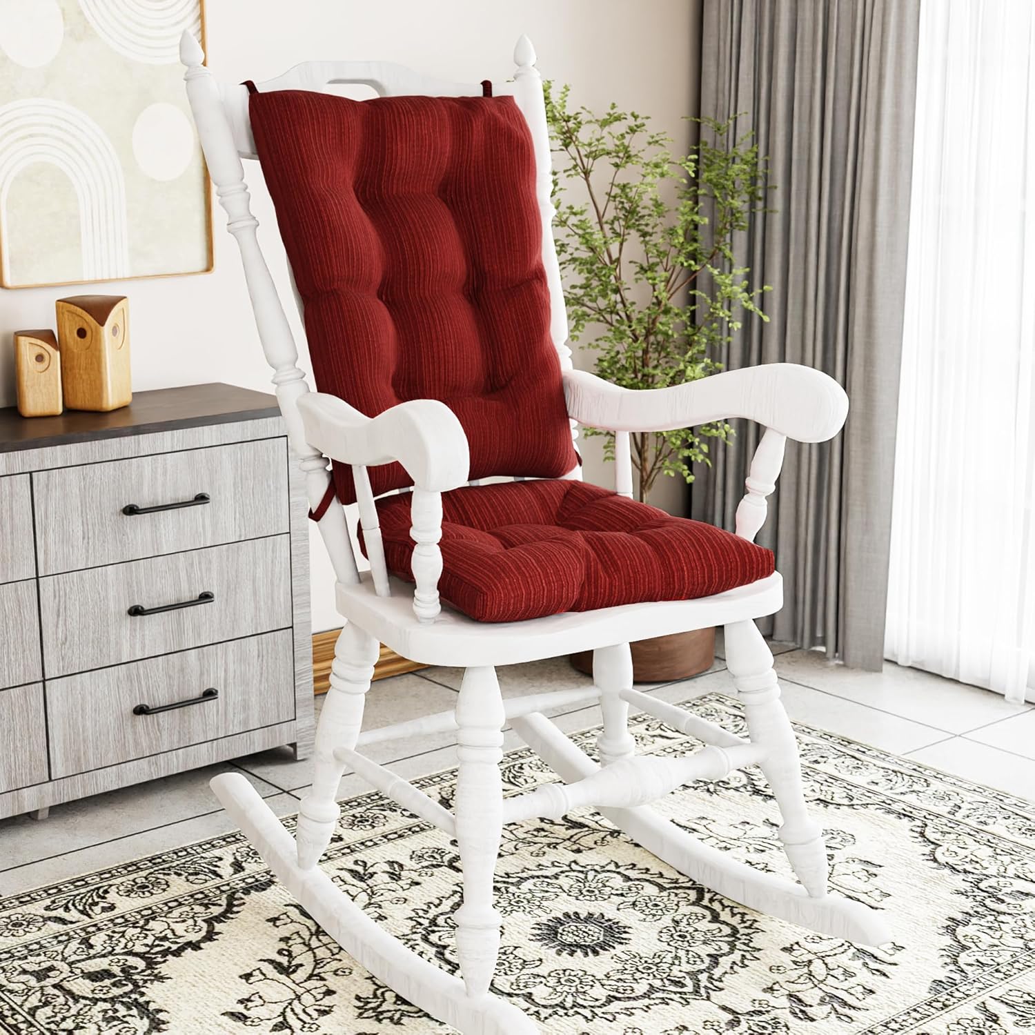 Klear Vu The Gripper Non-Slip Rocking Chair Cushion Set with Thick Padding, Includes Seat Pad & Back Pillow with Ties for Indoor Living Room Rocker, 17x17 Inches, 2 Piece Set, Garnet Chenille Garnet Red 2 Piece Set