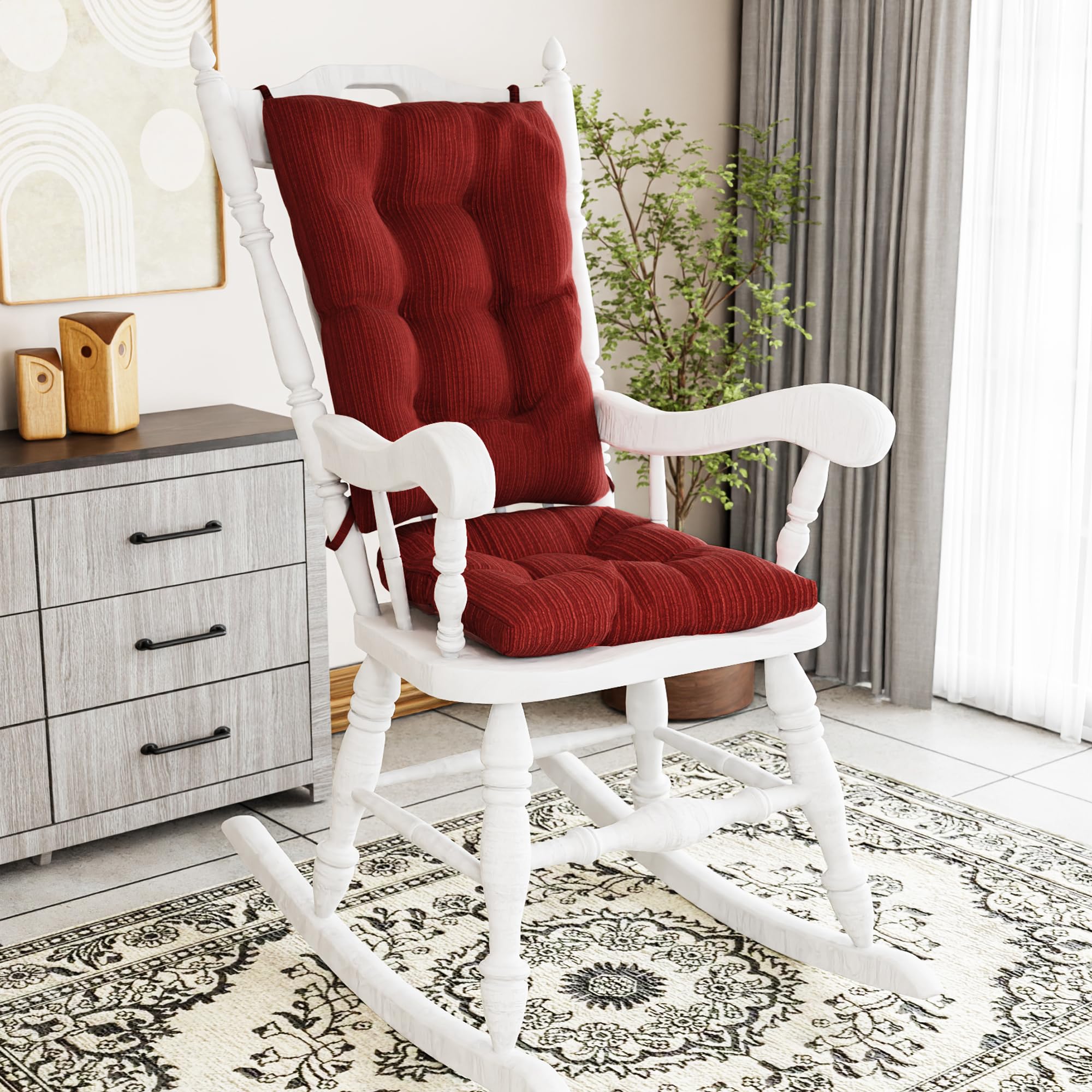 Klear Vu The Gripper Non-Slip Rocking Chair Cushion Set with Thick Padding, Includes Seat Pad & Back Pillow with Ties for Indoor Living Room Rocker, 17x17 Inches, 2 Piece Set, Garnet