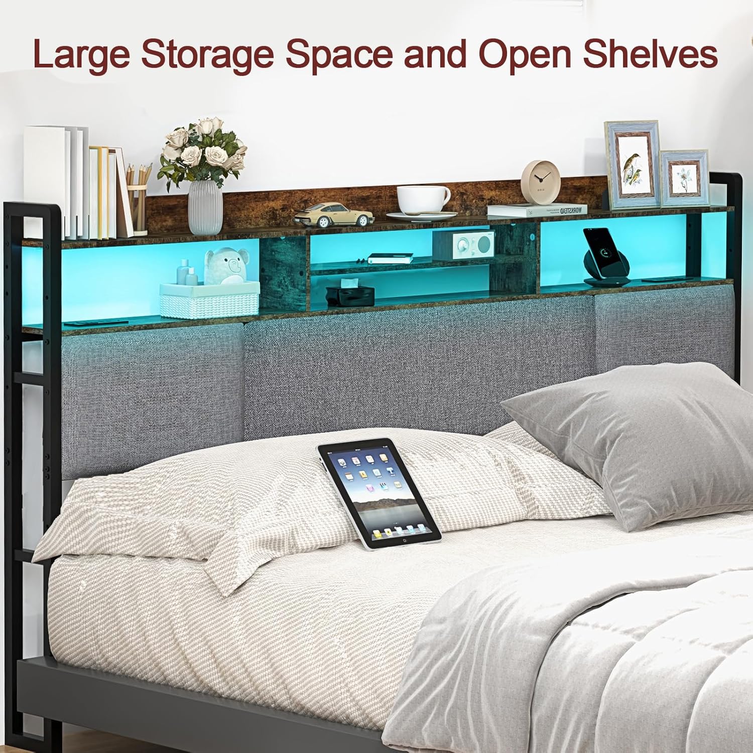 Livofloral King Size Upholstered Headboard with 2 Outlets and LED Lights, King Bed Headboard with Charging Station & Storage Shelves, King Headboard Only, Height Adjustable, Easy Assembly, Brown