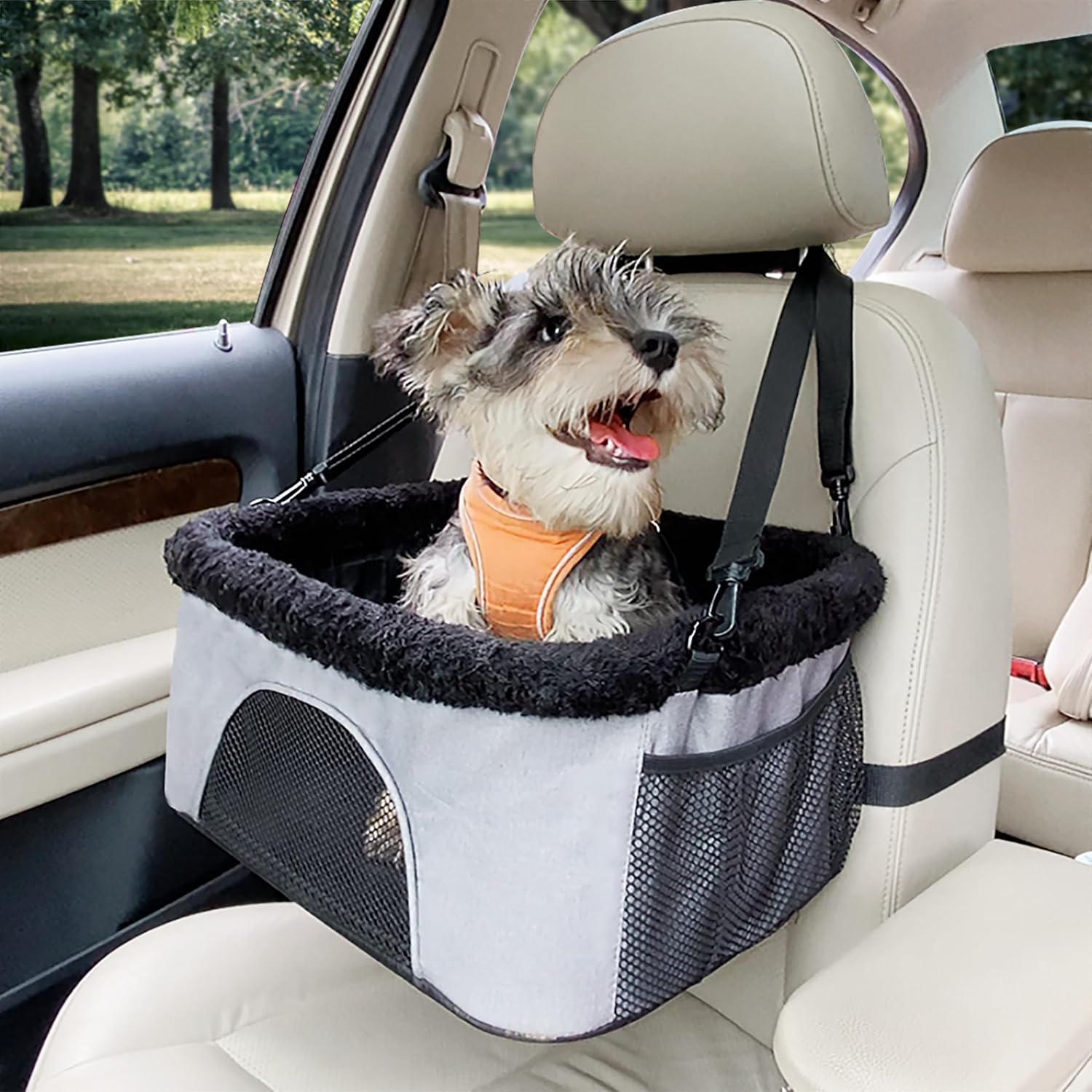 ROODO Deluxe Dog Booster Seat with Height-Adjustable Foldable Metal Frame and Safety Leash,Portable Pet Car Seat for Under 20lb Puppy Cats with Plush Thick Cushion Mesh Window Pockets(Gray)