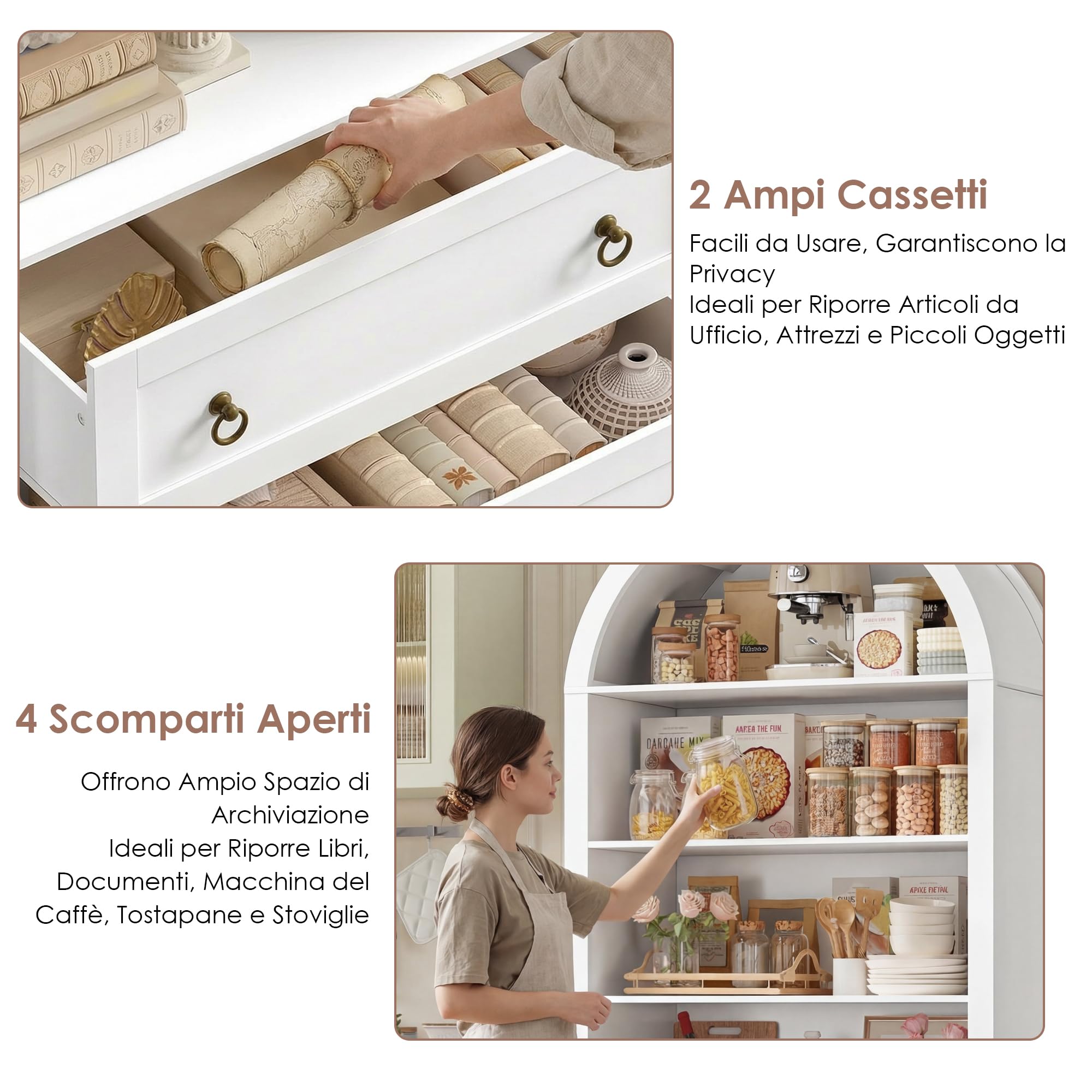 FirFurd 177 cm Libreria Verticale, Libreria ad Arco a 2 Cassetti, Vetrina Espositiva con 4 Scomparti Aperti, Scaffale ad Arco, per Soggiorno, Studio, Ufficio, Cucina, 79,5x36x177 cm (Bianco)