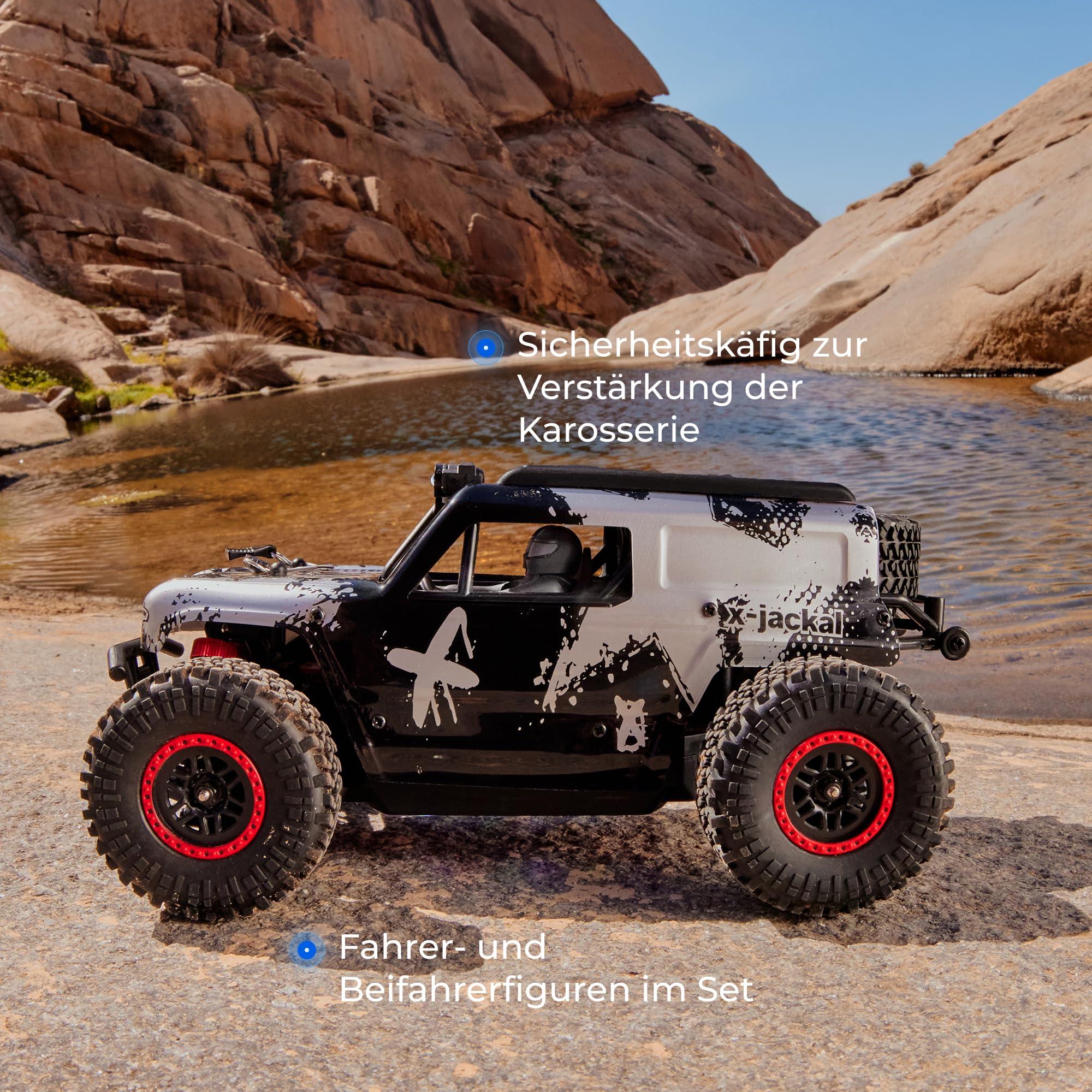 Overmax X-Jackal Ferngesteuertes RC-Auto 4WD, 30 km/h, Maßstab 1:20, 14+ | 370er Bürstenmotor, Proportionale Steuerung, 80 m Reichweite, Einzelradfederung, LEDs in 5 Farben, Li-Ion-Akku, ab 14 Jahren