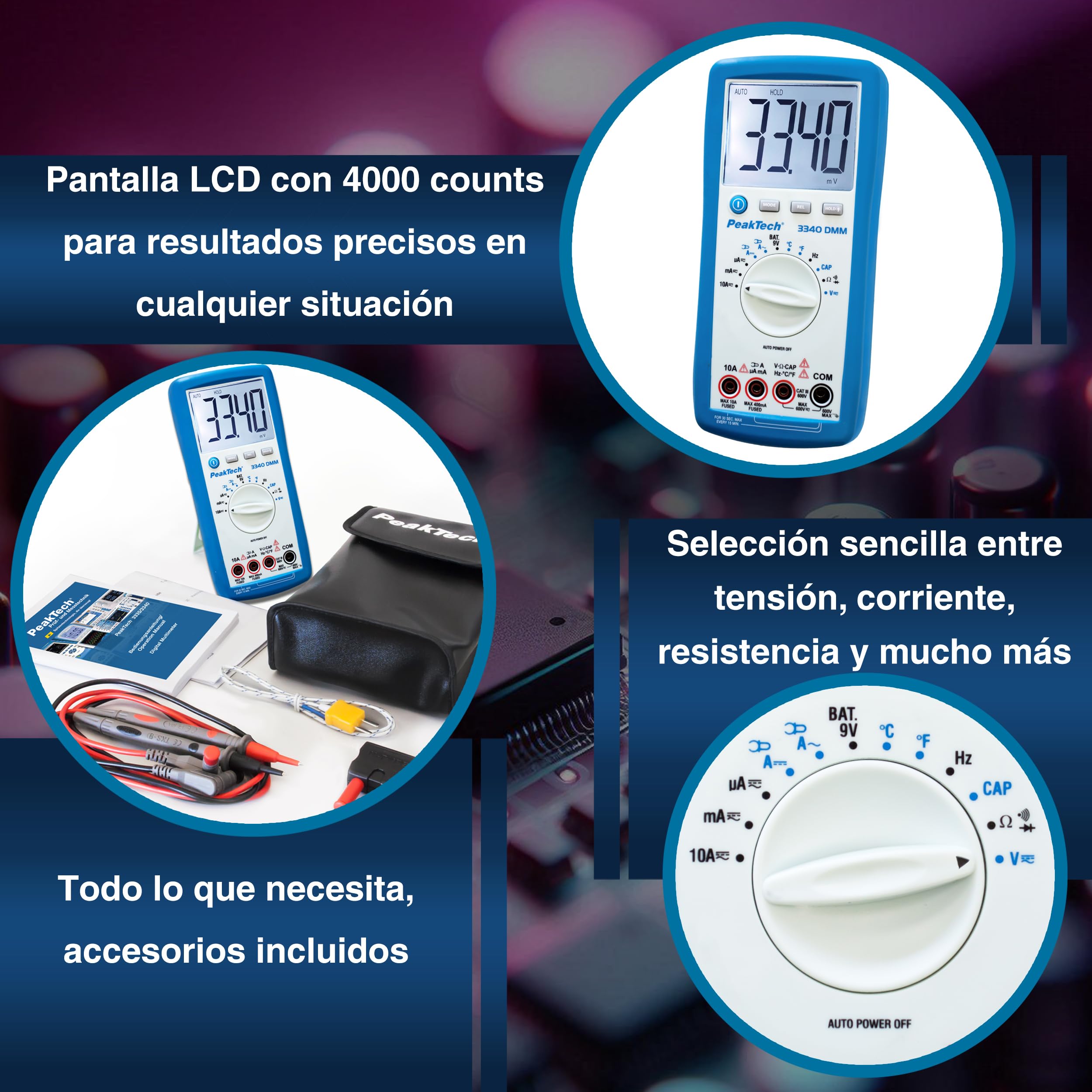 PeakTech 3340 – Multímetro digital RMS con pantalla LCD extra grande, 4000 cuentas, portátil, rango automático, retención de datos REL, medidor de voltaje, probador de continuidad - CAT III 600 V