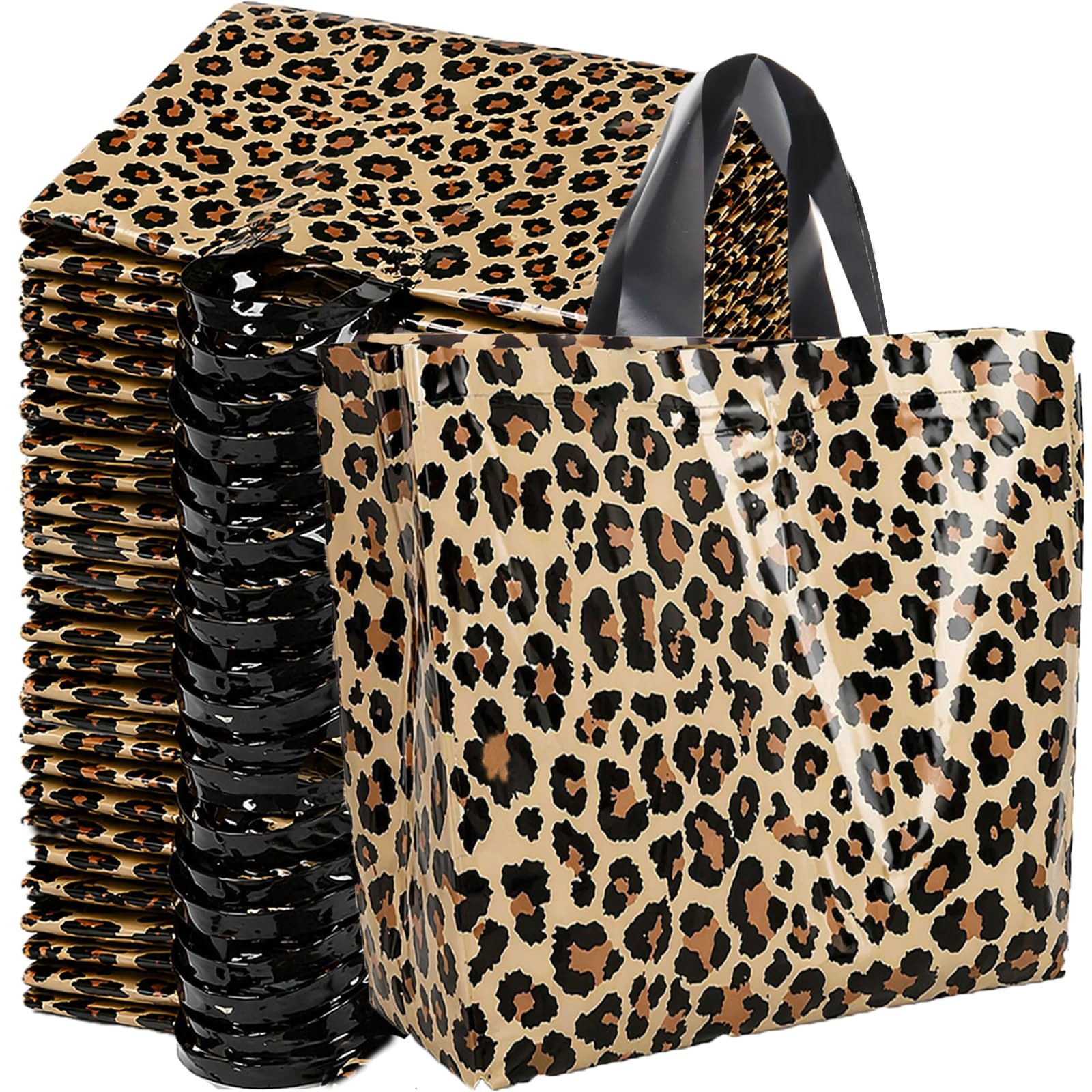 AIYJWXINP 50 Pack Leopard Print Shopping Bags, Reusable Foldable Leo Tote Bags with Handles, Shopper Bags for Women, Gift Bags, Party Bags, Grocery Bags, Birthday Favour Bags (50pcs-50x40cm)