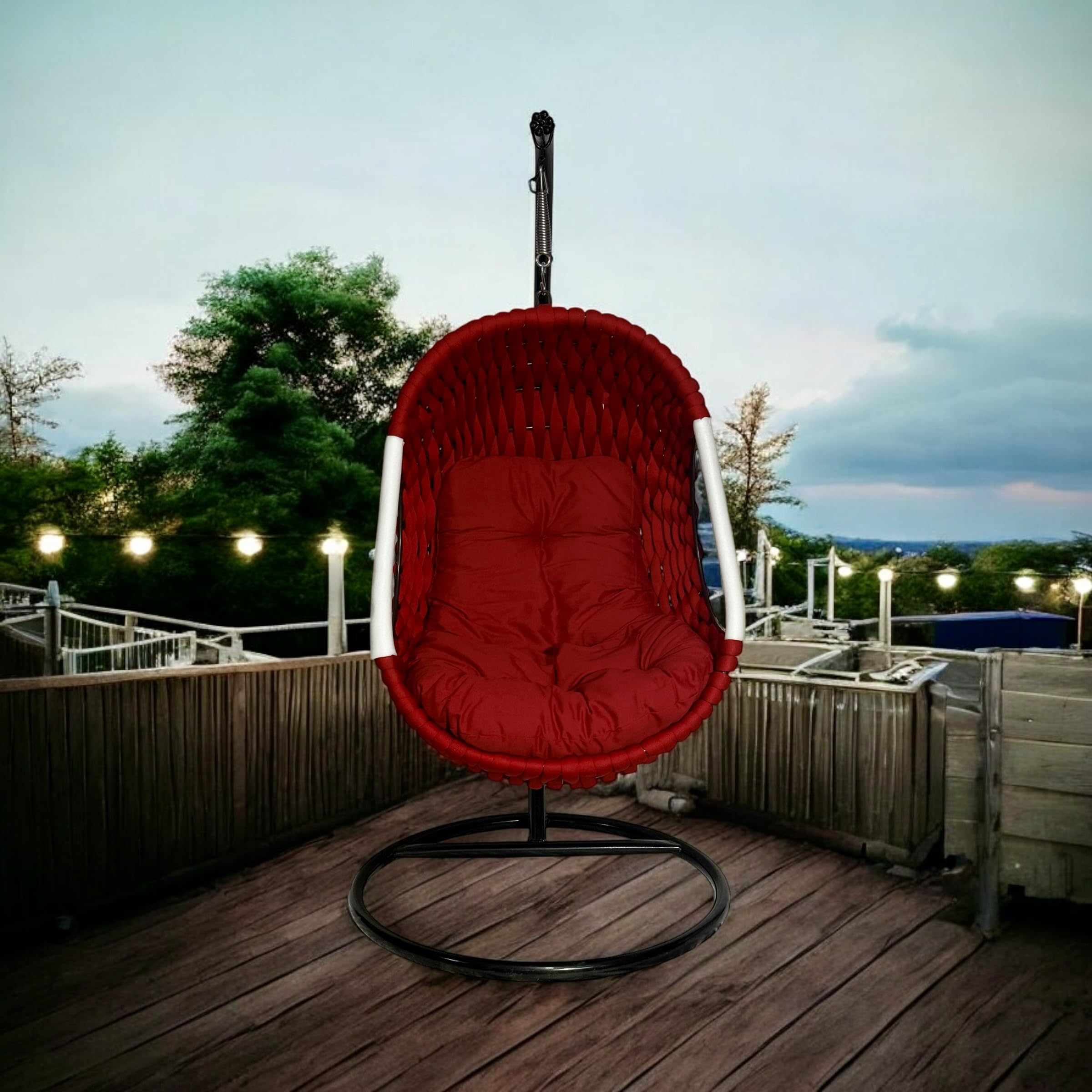Rope Braided Iron Single Seater Swing Chair with Stand – Stylish & Comfortable Cushion & Hook Outdoor ||Indoor || Balcony || Garden || Patio || Living Outdoor Furniture (RED)-image-24