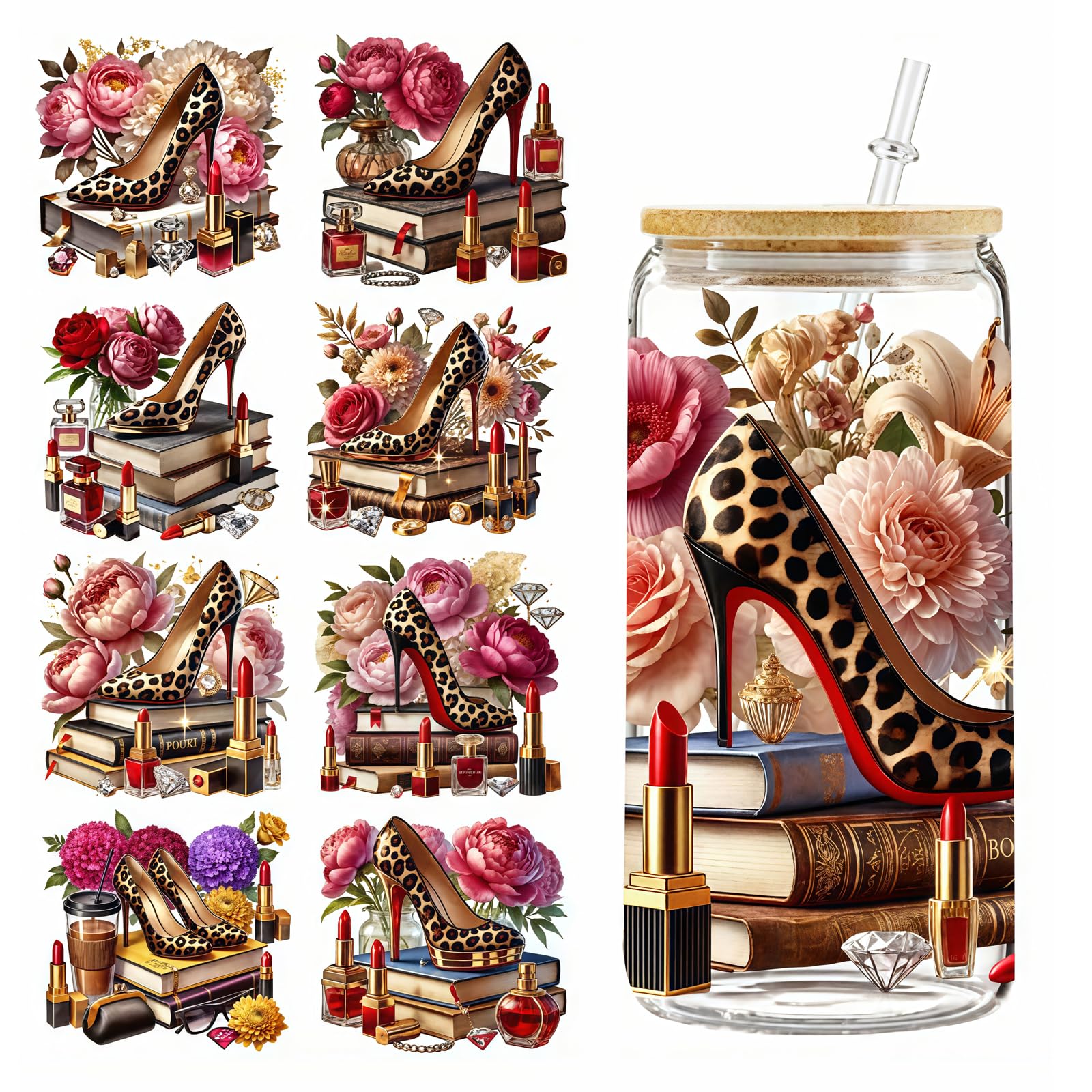 5pcs Leopard Print Luxury High Heels UV DTF Cup Wraps Winter UV DTF Transfer Sticker for Glass Cups Furniture Craft DIY Crafts，Rub on Transfer