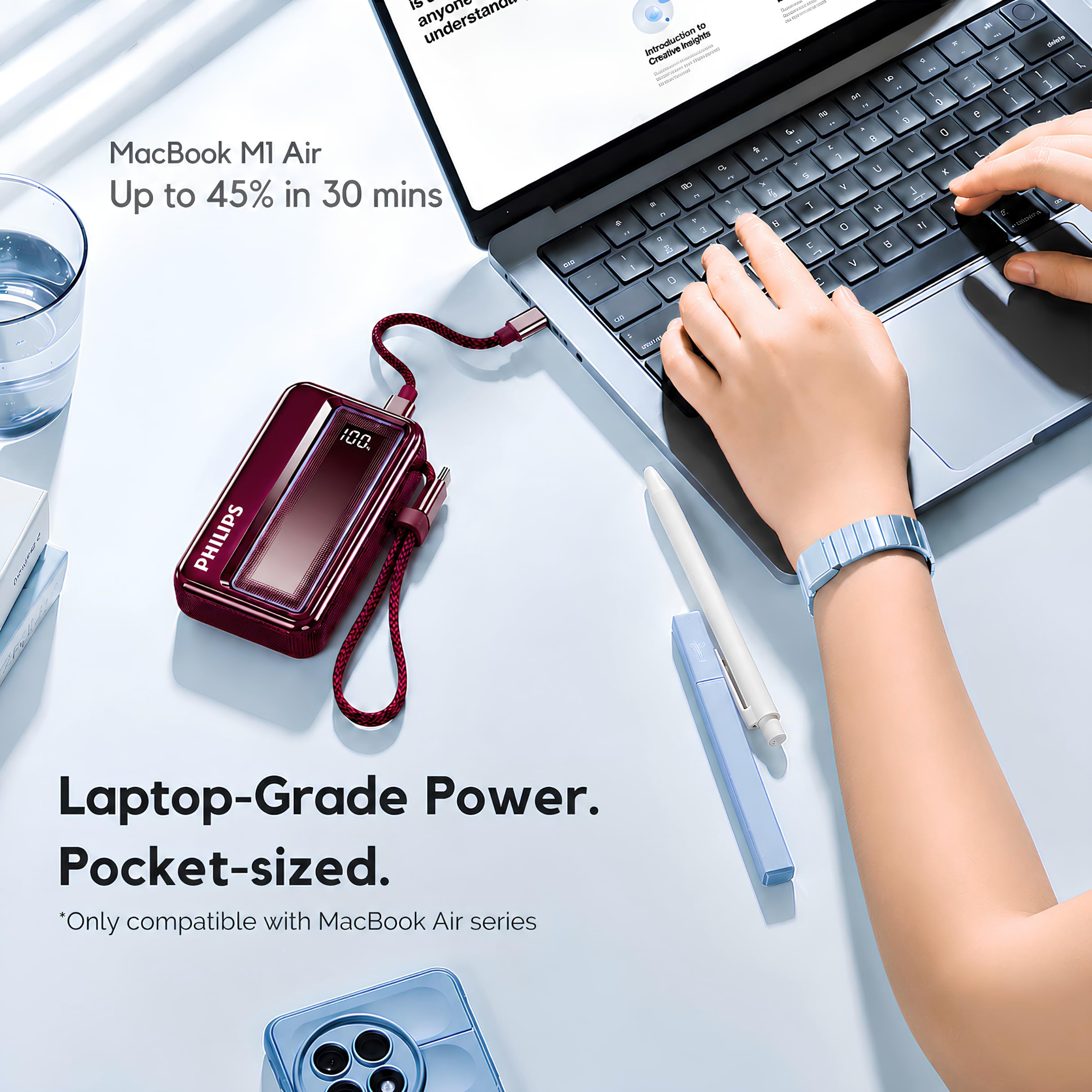 Philips DLP2721NR/94 20000mAh 45W Fast Charging Power Bank with Built-in Type-C Cable (Iron Red) | Digital LED Display | Lithium Polymer | 2 Type-C & USB-A | Pocket Size | Compact & Travel-Friendly — Amazon image 6