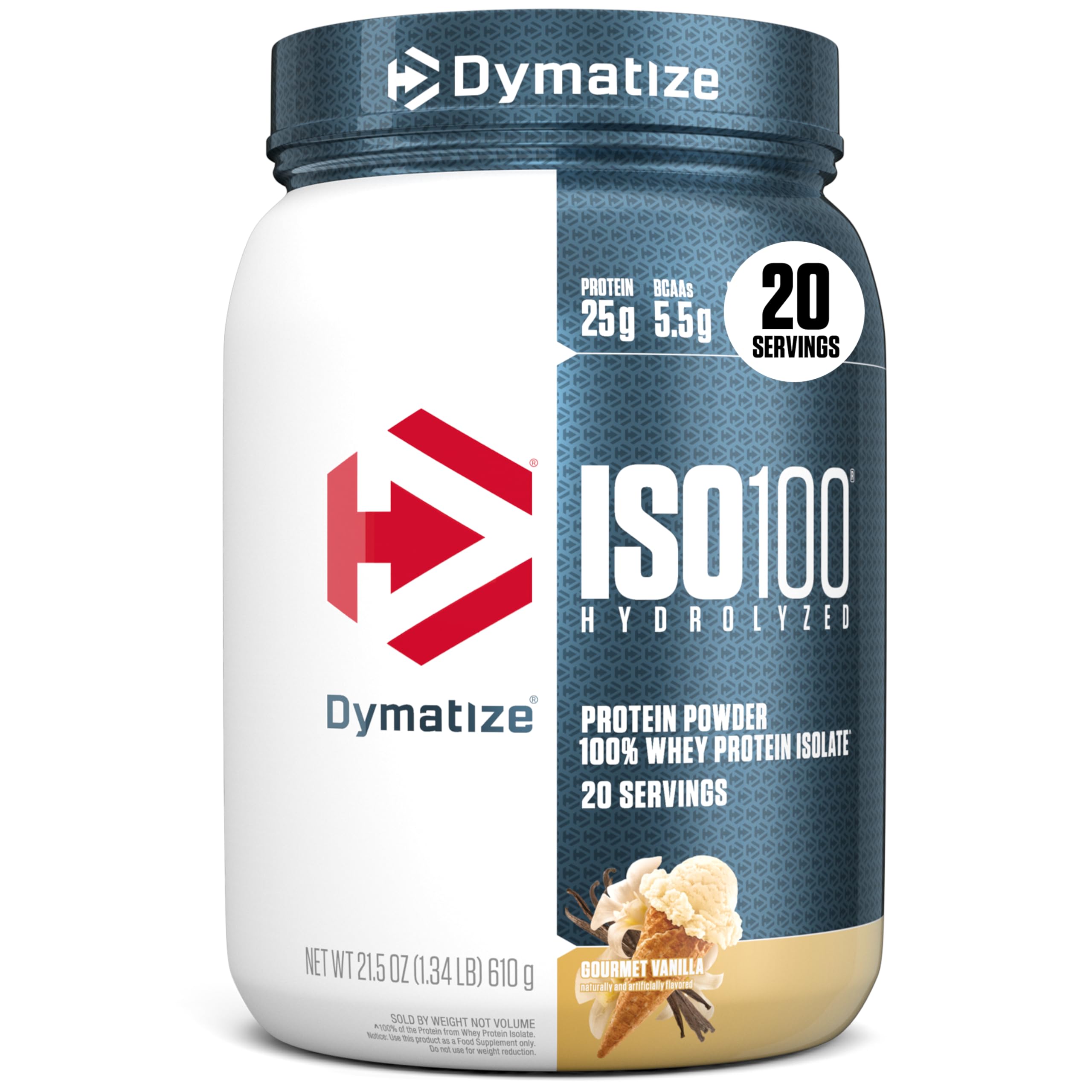 Dymatize ISO100 Whey Protein Powder Isolate, Gourmet Vanilla, 25g of Protein, 5.5g BCAAs, Less Than 120 Cal., Gluten Free, 1g Fat, 1g Sugar, 2g Carb (20 Servings)