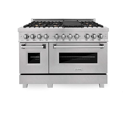 ZLINE 48 in. 6.0 cu. ft. Legacy Dual Fuel Range with Gas Cooktop and 2 Electric Ovens in Satin Stainless Steel with 6 Brass Burners (RAS-SN-BR-48)