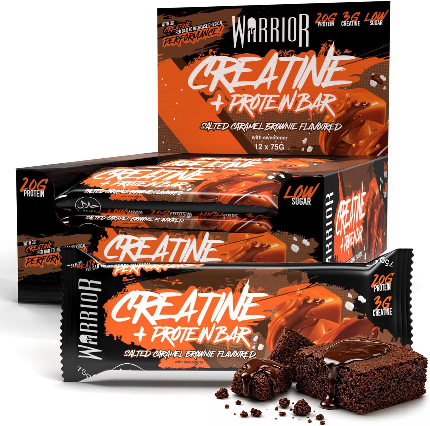 Warrior RAW Creatine Protein Bar, 20g High Protein Oat Flapjack With 3g Creatine, Low Sugar Protein Bar, Gym Snack For Muscle Growth & Recovery, Pre Or Post Workout, 12 x 75g (Salted Caramel Brownie)