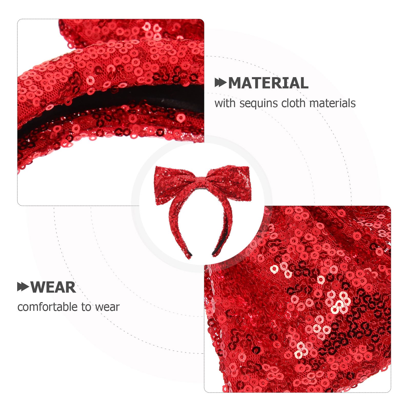 FRCOLOR Red Sequin Bow Headbands Sparkly Sequin Hair Bow Hairband Glitter Headpieces Party Festival Costume for Women Girls - Image 3