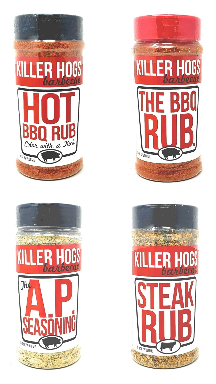 Killer Hogs Barbecue Rub Variety Pack - Hot BBQ, Steak Rub, A.P. Seasoning, and Original BBQ Rub - Pack of 4 Bottles - 48 oz Total - Bulk Killer Hogs Barbecue Seasoning