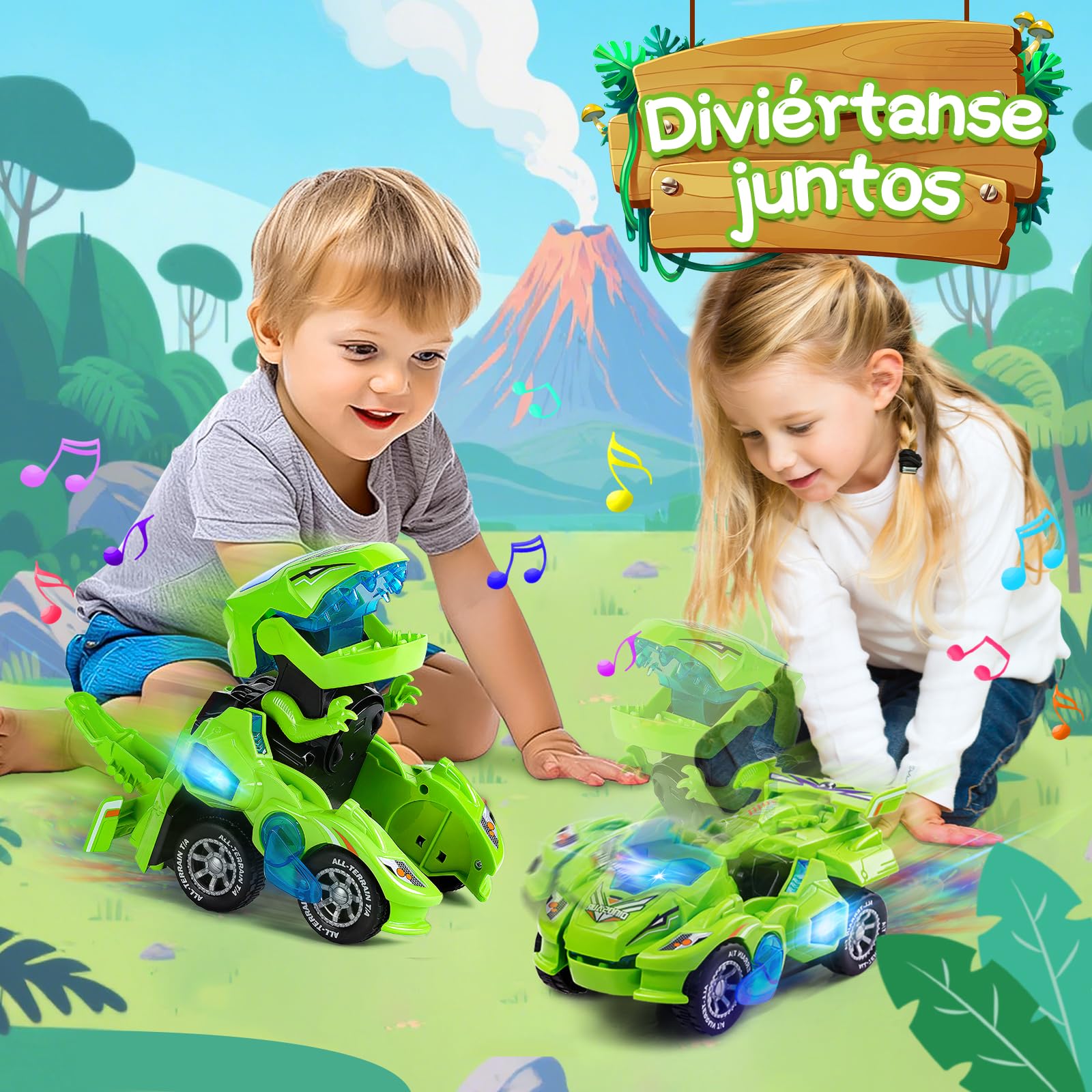 Yellcetoy Coche Dinosaurios Transform Juguetes, Dino Car con Música y Luz, Transformador Dinosaurio Regalos de Cumpleaños de Navidad para Niños 3 4 5 6 7 Años Verde
