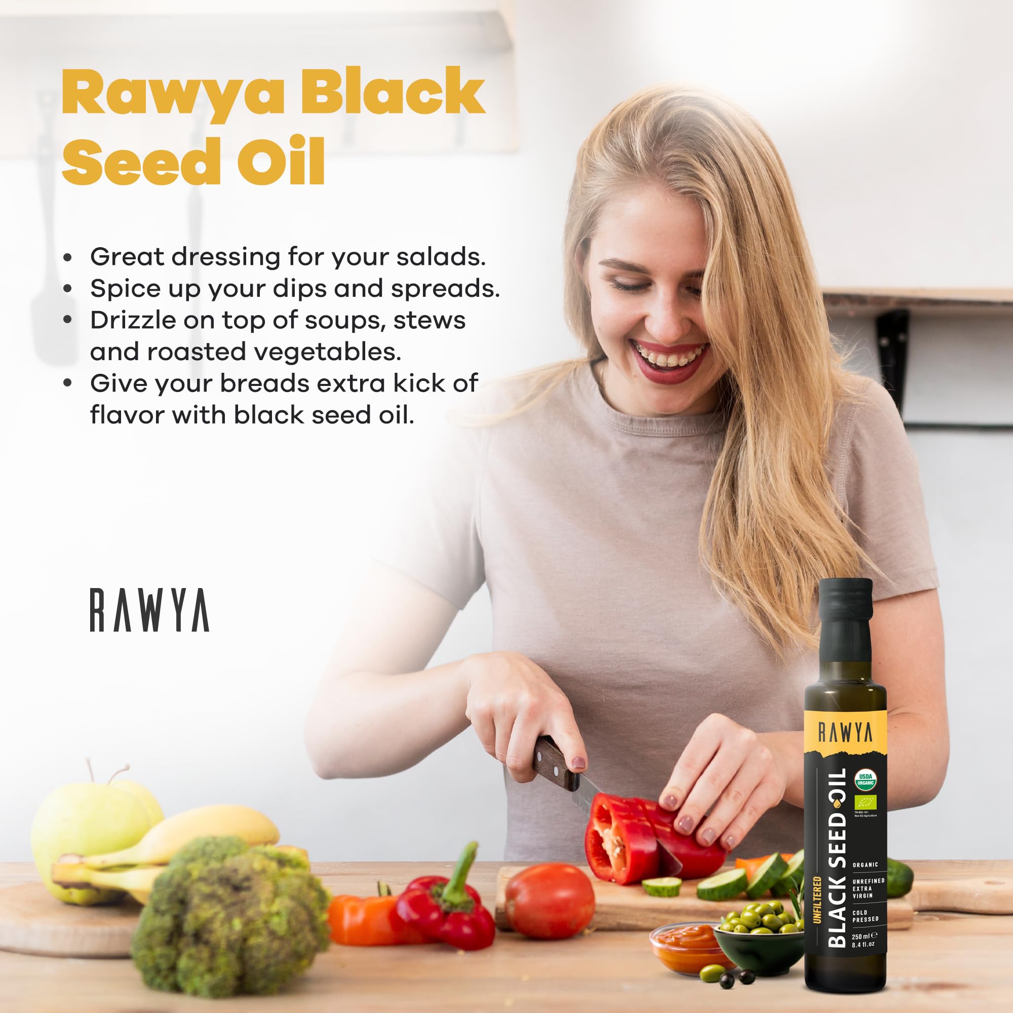 RAWYA Aceite de semilla negra orgánico, prensado en frío, origen turco, comino negro, Kalonji, suplemento Nigella Sativa con Omega 3, 6, 9, crecimiento del cabello y apoyo a la piel, sabor suave, 250