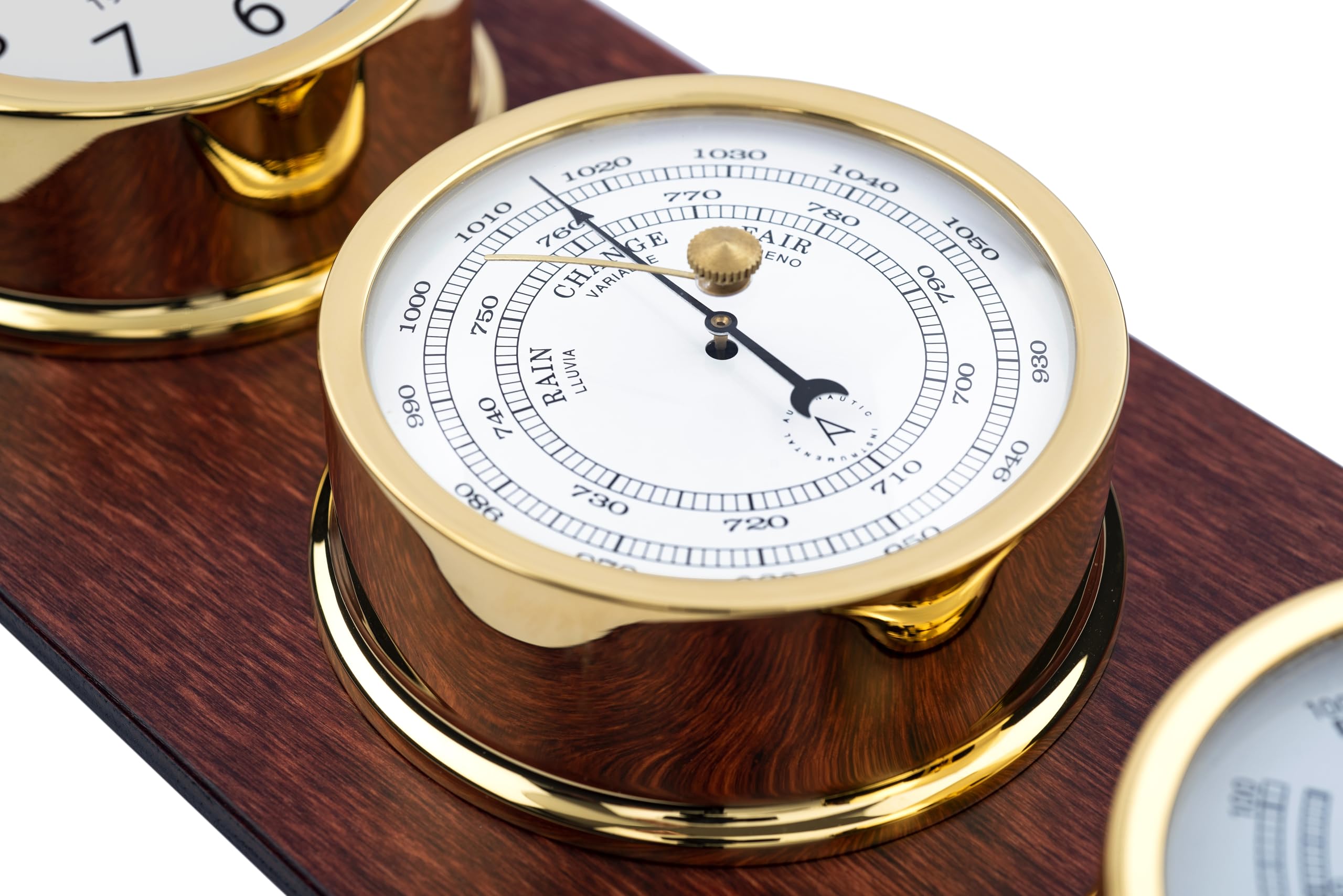 Autonautic - Stazione meteorologica nautica in ottone con bagno d'oro - Orologio, barometro e termoigrometro, per imbarcazioni o Decoración - 95mm (ø) - Made in Spain.
