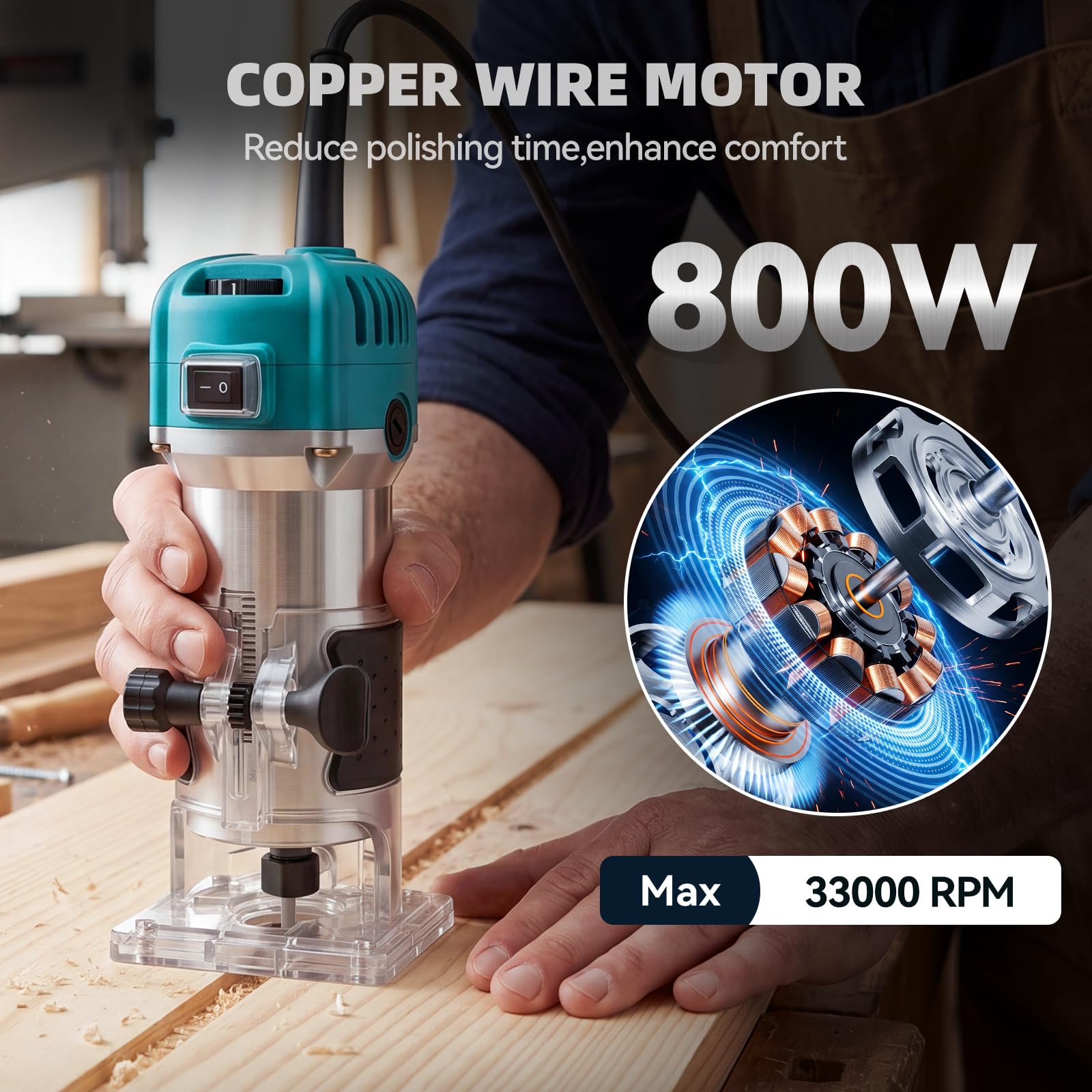 Outil de défonceuse électrique 800 W, 6 vitesses variables max 33000R/min, défonceuse à bois avec base transparente, défonceuse à bois manuelle avec 15 forets pour travaux manuels et bricolage, bleu