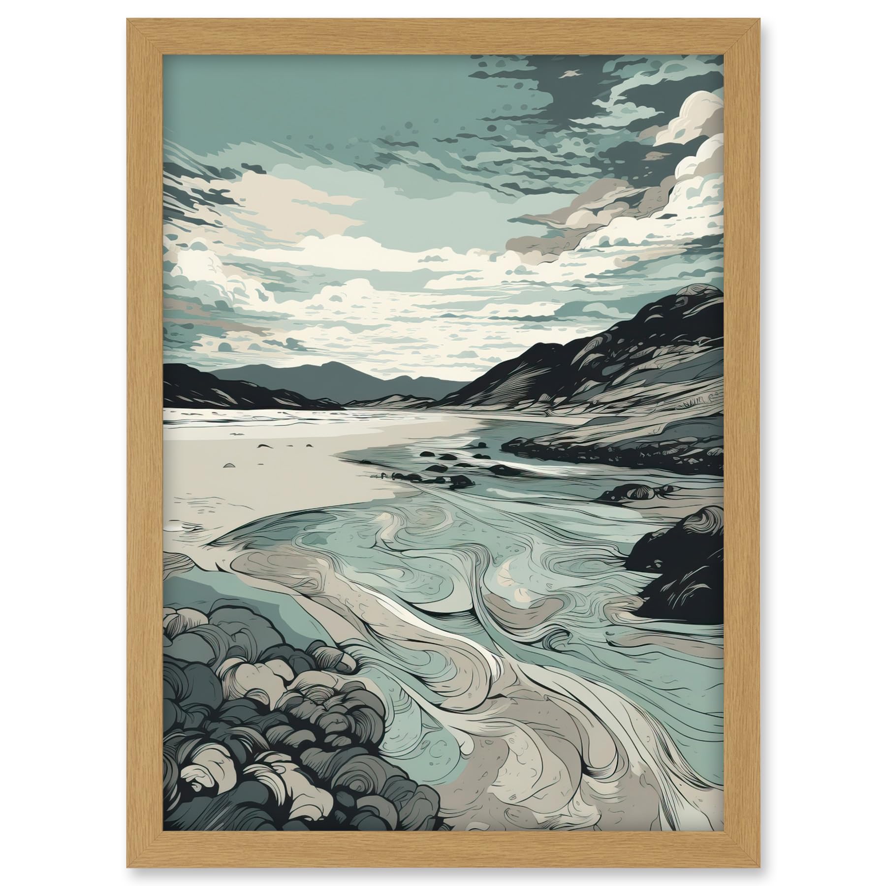 Artery8 Luskentyre Beach Coastal Landscape Illustration Artwork Framed A3 Wall Art Print