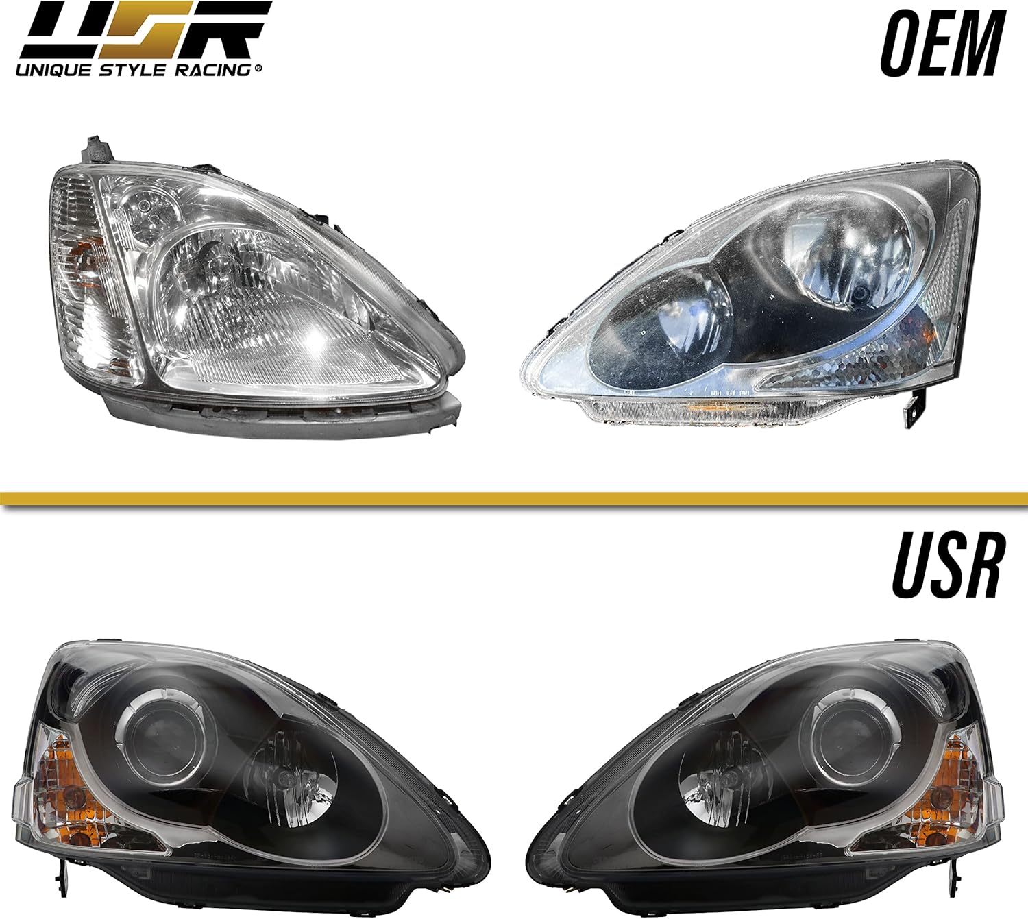 USR DEPO 02-05 Civic Si UPGRADE Stock Replacement Headlight Assembly Set (Left + Right) Compatible with 2002-2005 Honda Civic Si 3DR Hatchback (Type R Style, Black Housing, Clear Corner, Plug n Play)