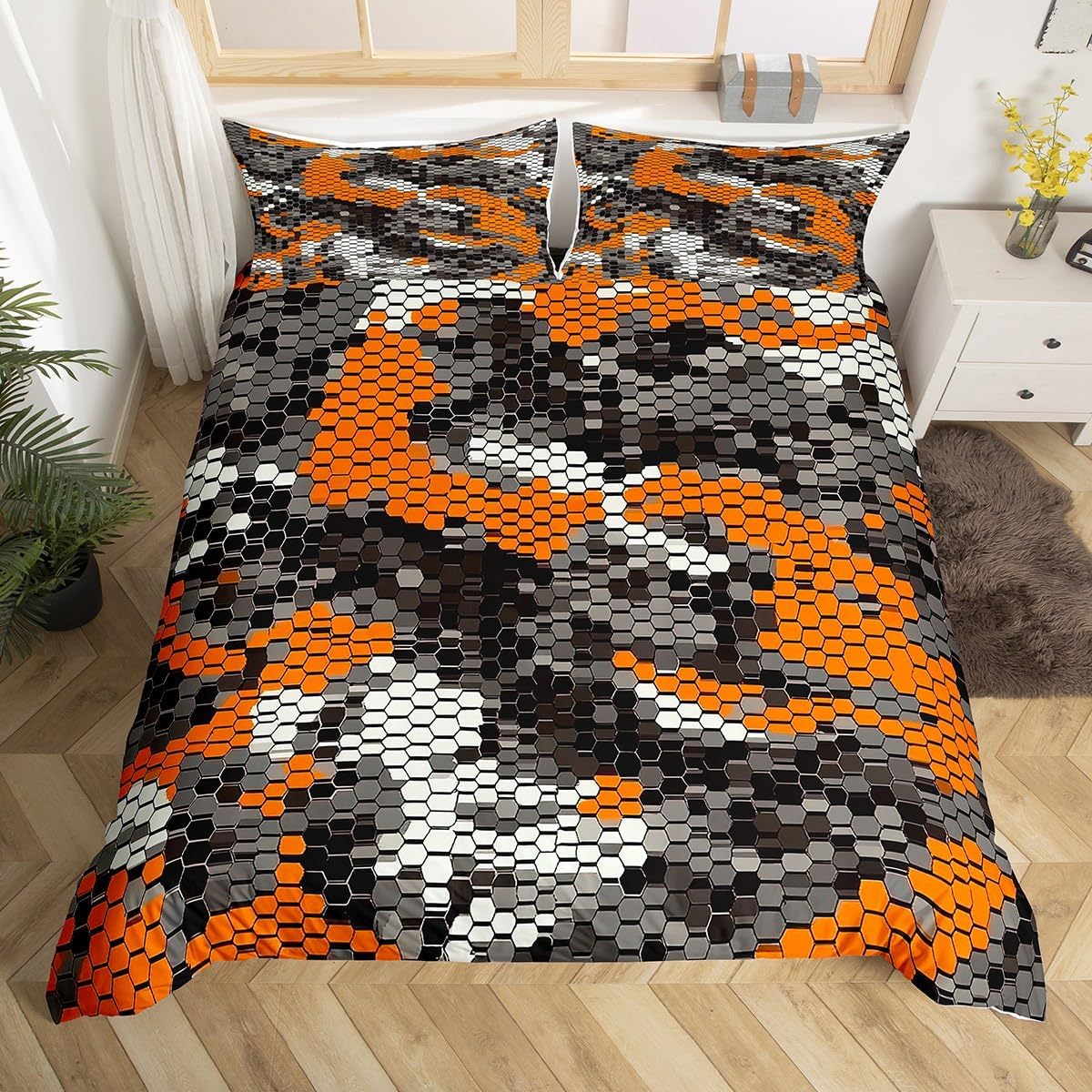 Erosebridal Army Camouflage Duvet Cover Queen Teens Adult Honeycomb Camo Bedding Set for Kids Boys Girls Colorful Pattern Decor Comforter Cover Orange Black Grey Quilt Cover Geometric Pattern Bedding