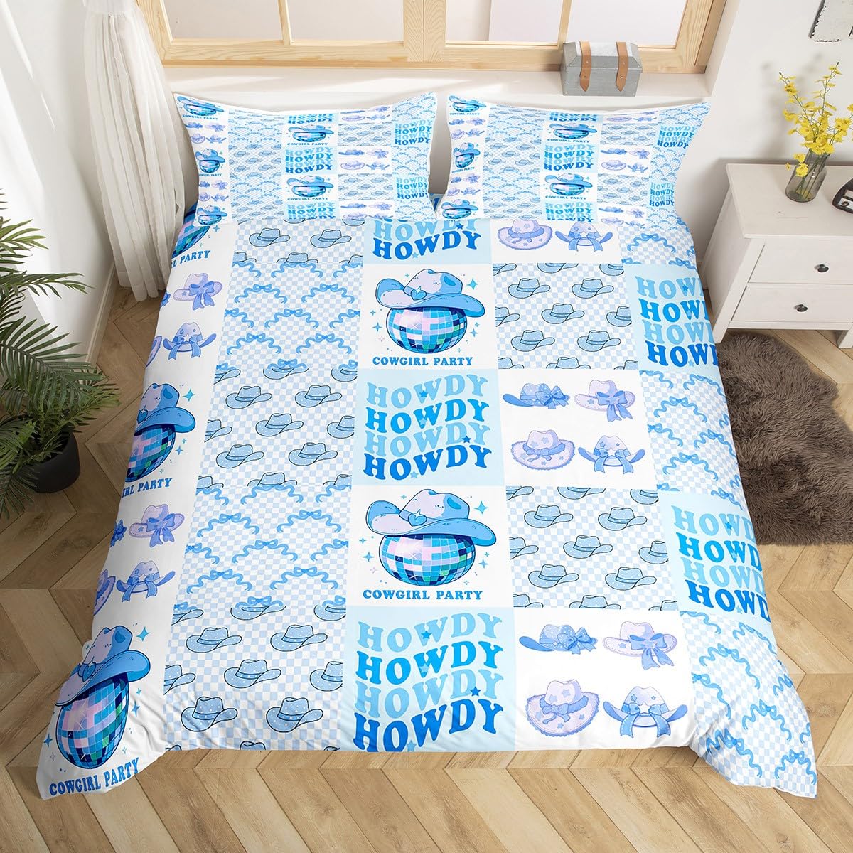 feelingyou Cowgirl Duvet Cover Set Super King Size,Butterfly Knot Bowknot Cowboy Hats Disco Balls Bedding Set,Girls Women Room Decor,Geometric Grids Patch Blue Quilt Cover,2 Pillowcases(No Comforter)