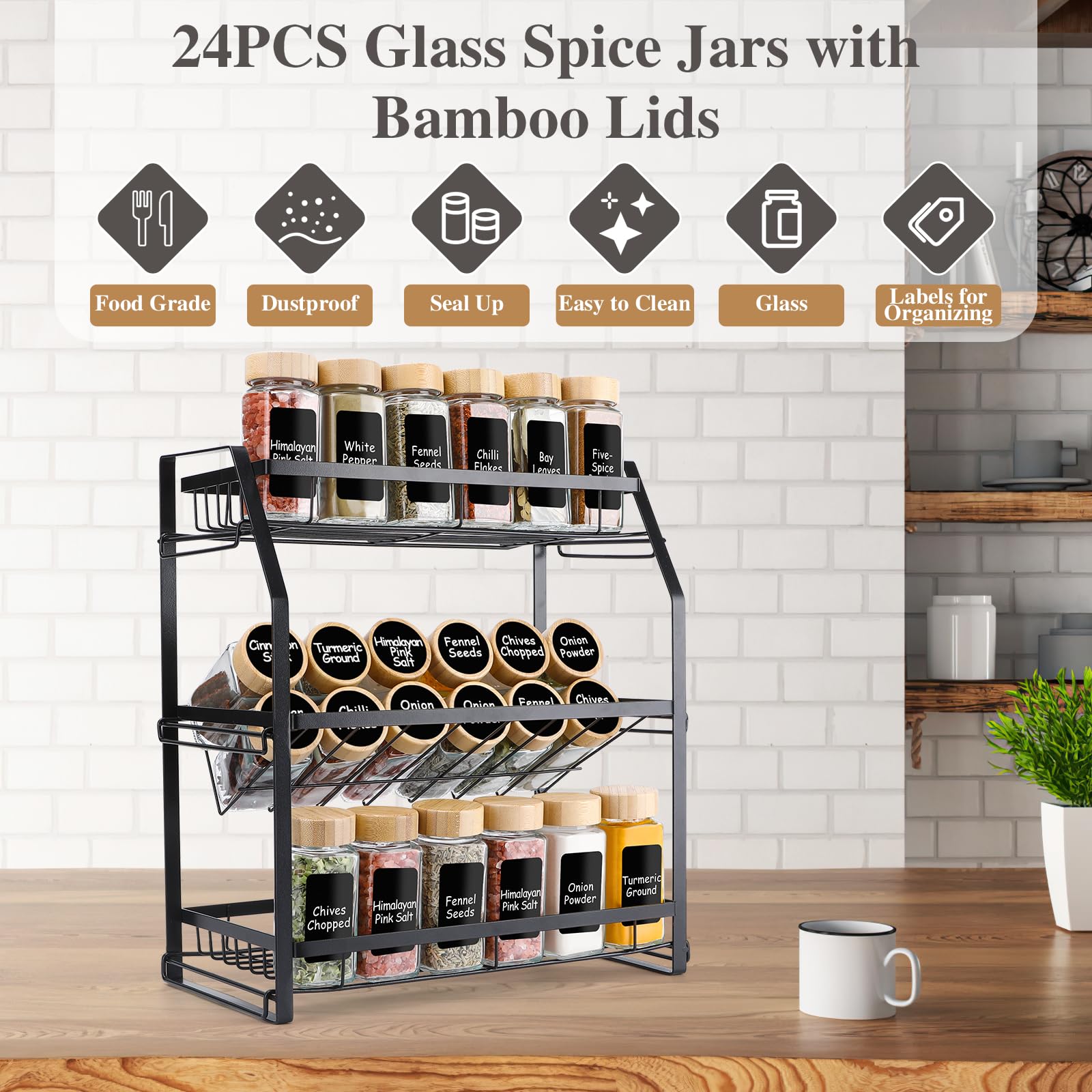Lannvan Pot a Epices en Verre et Bois, [24x 120ml] Pot Epices Verre Carré avec Couvercle Bambou, Bocaux Epices Boite Epices Cuisine avec 310 Étiquettes Vierges, Saupoudreur Insérer, Entonnoir