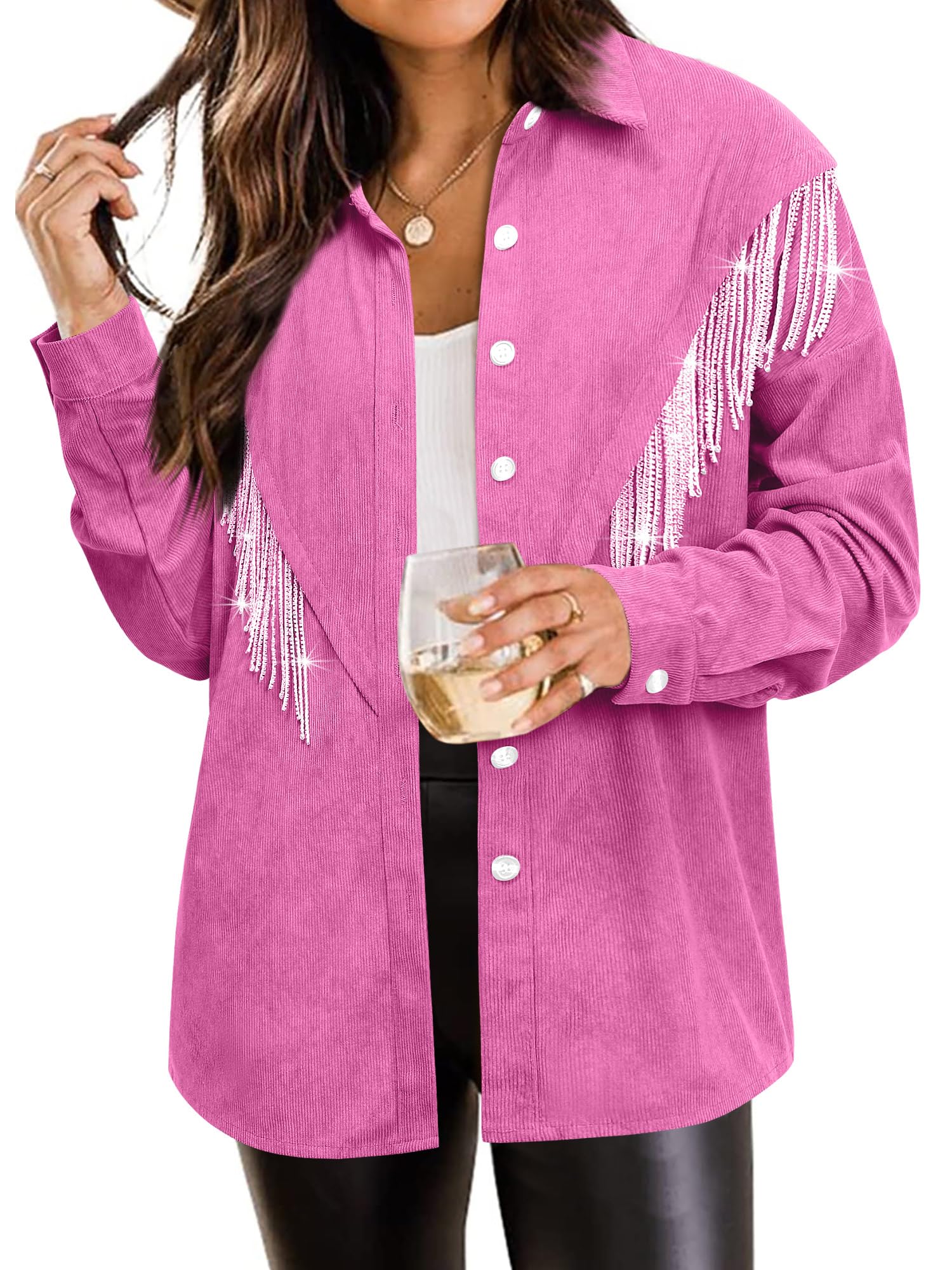 WIEIYM Damen Glitzer Jacke Rhinestones Fransen Knöpfen Jeansjacke Konzert Outfits Langarm Quasten Tshirt Pailletten College Party Jacken