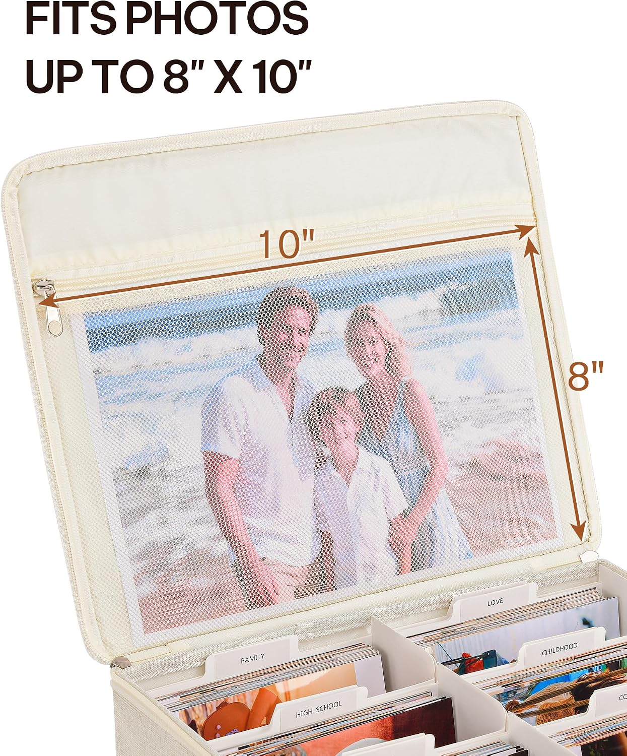 Photo Storage Box with Zipper Lid & Dividers, Linen Photo Organizer Container for 2000 4x6 Pictures, Decorative Keepsake Memory Box with Handle, 8x10 Mesh Pocket for Family Pictures, Beige