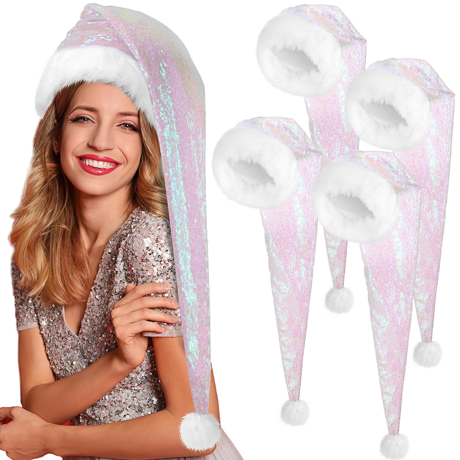 Geyoga 4 Pieces Christmas Santa Hats Xmas Shiny Sequin Santa Hats for Adults Long Christmas Cap Women Men Party Supplies(Iridescent)