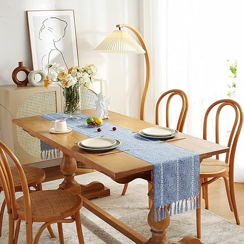 Miniatura 10 de Chassic Camino de mesa de lino estilo rústico de granja, bohemio, hecho a mano, con flecos, trenzados, a rayas, 48 pulgadas de largo para decoración