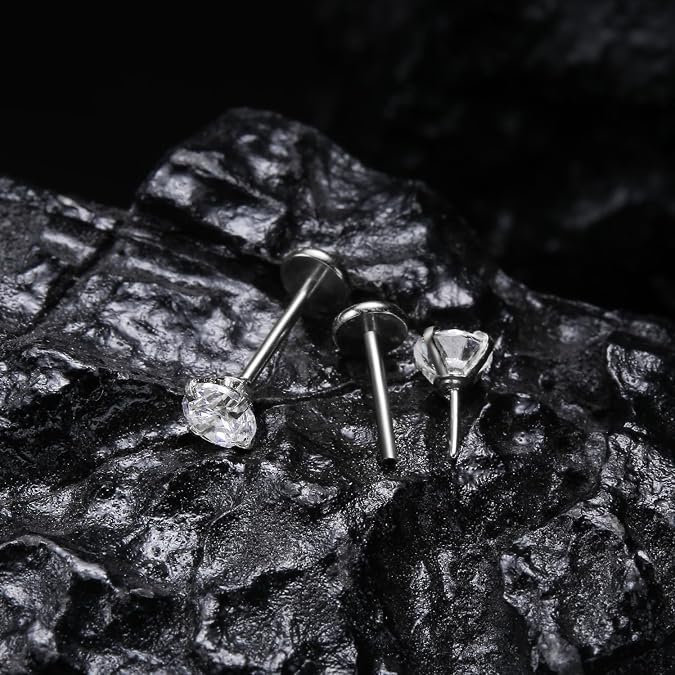 VOJO G23 1Titanium 18G Flat Back Stud Earrings,2 Pcs CZ Threadless Push Pin Tragus Cartilage Lip Piercing Jewelry