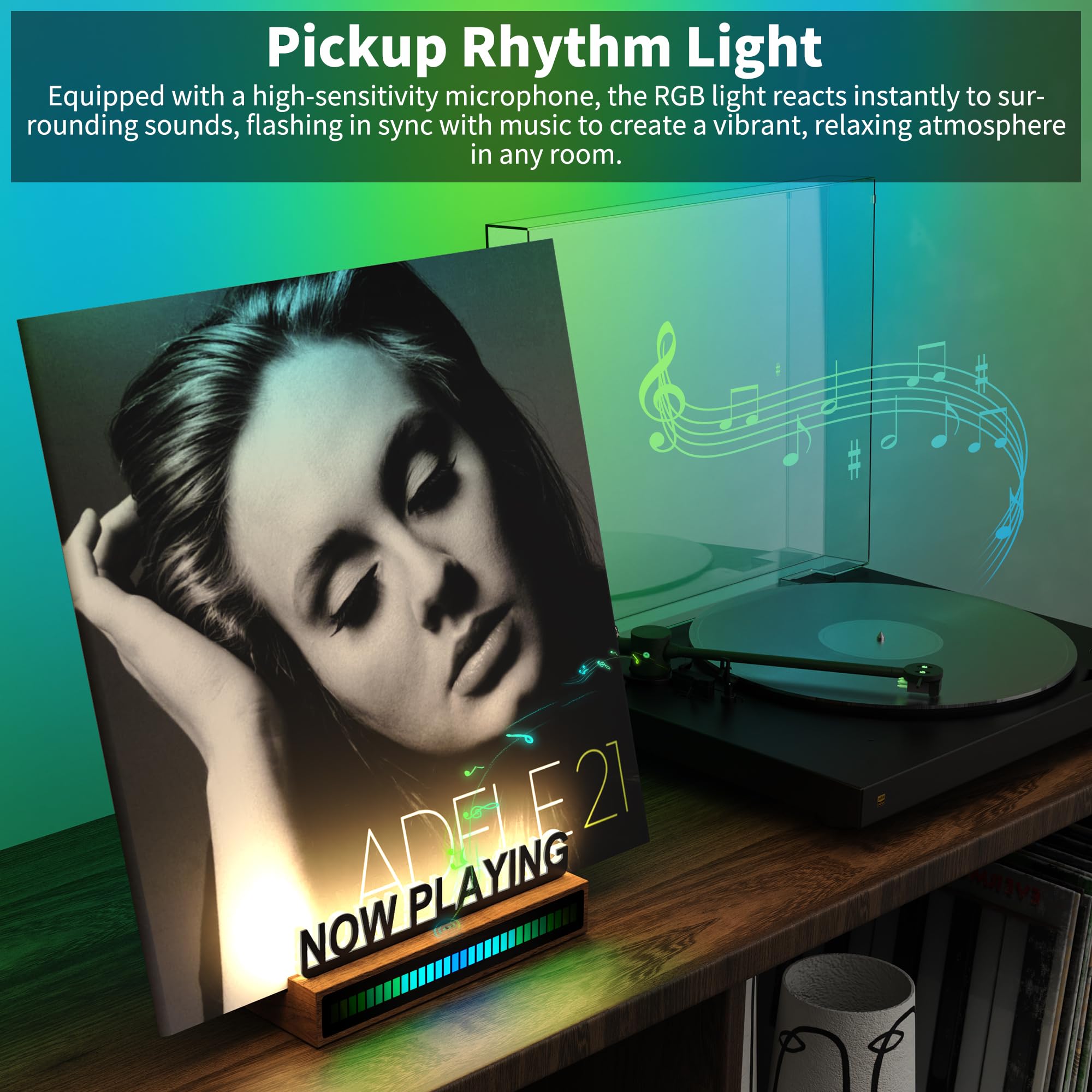 KORRTFID Now Playing - Supporto per dischi in vinile, illuminato, con controllo del suono RGB, barra luminosa ritmica, luce bianca calda con lettere acriliche a prova di impronte digitali
