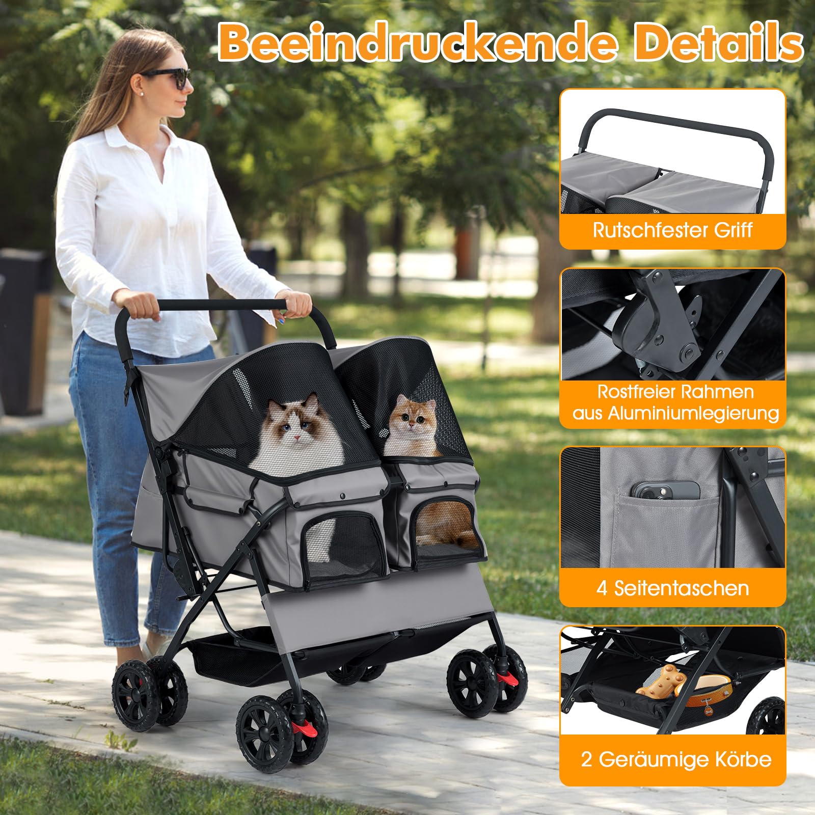 COSTWAY Hundewagen Doppel, Hundebuggy faltbar für 2 Hunde und Katzen, Haustier Kinderwagen mit verstellbarem Sonnendach, Korb & Polster, Hundebox Transporttasche klappbar, Zwillingsbuggy (Grau)
