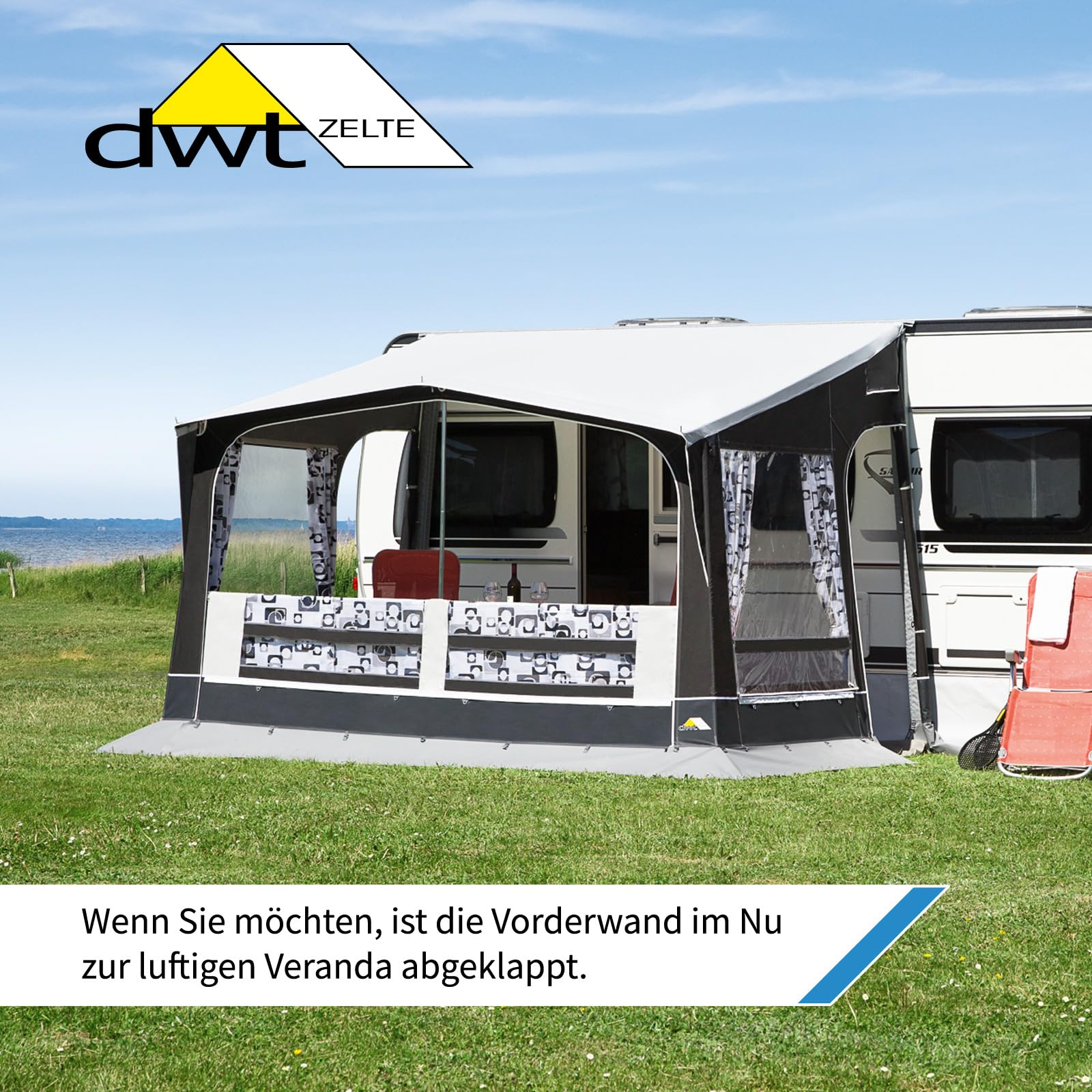 dwt Wohnwagen Vorzelt Jazz 240 cm tief in 4 Größen, Reise- und Saisonzelt mit flexiblen Abspannleitern & geöstem Erdstreifen
