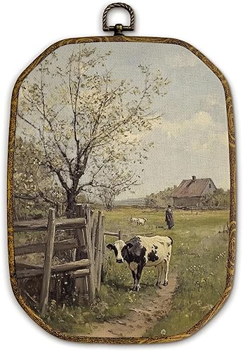 Yjeslw Decoración de pared octágono vintage de vaca de granja, impresiones en lienzo enmarcadas de paisaje rústico de vaca, decoración retro para