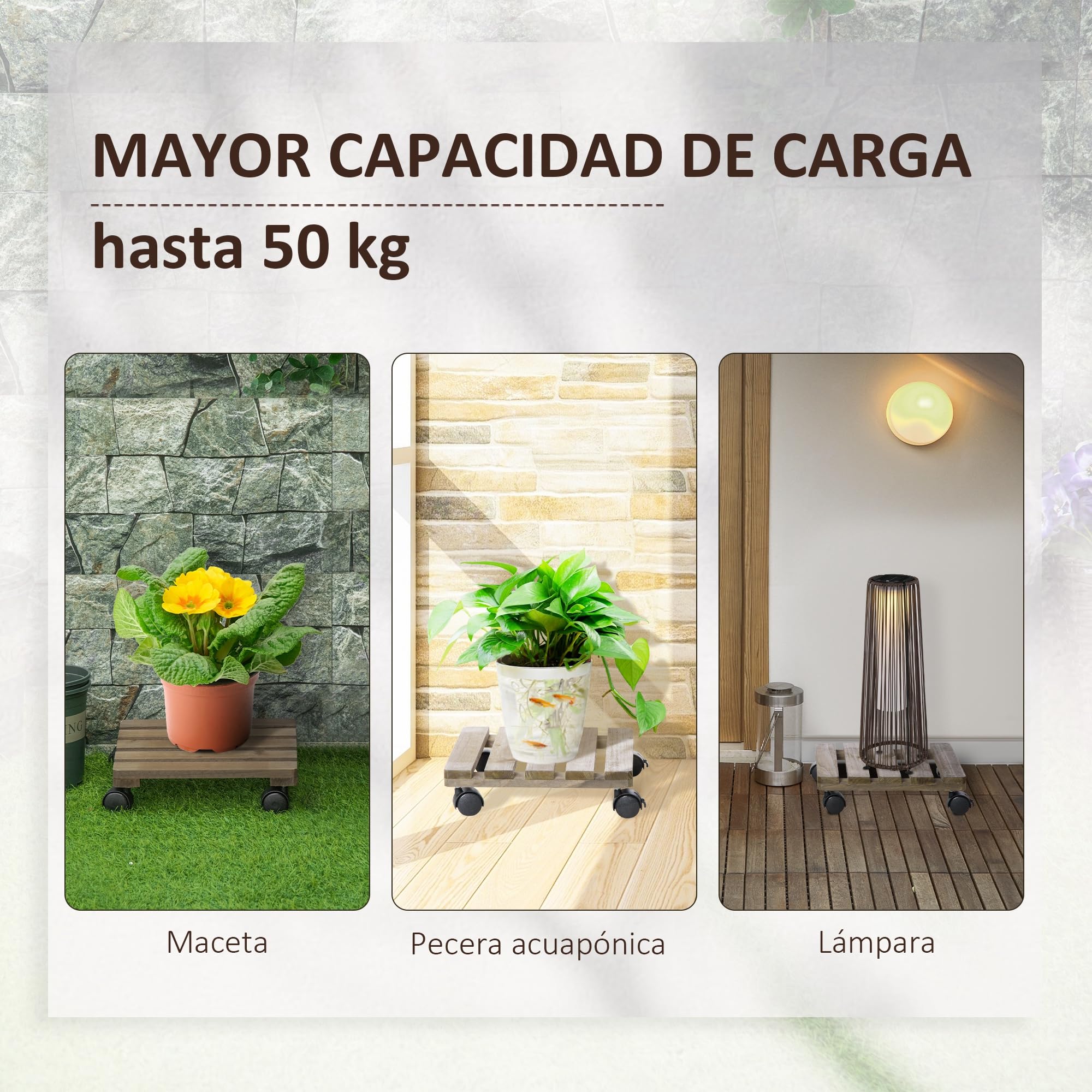 Outsunny Pack de 2 Plataformas con Ruedas de Madera 50 kg Marrón Oscuro | Soportes para Plantas con Ruedas 360 ° Giratorias Bloqueables, Bases para Macetas, Exterior, Interior, Jardín