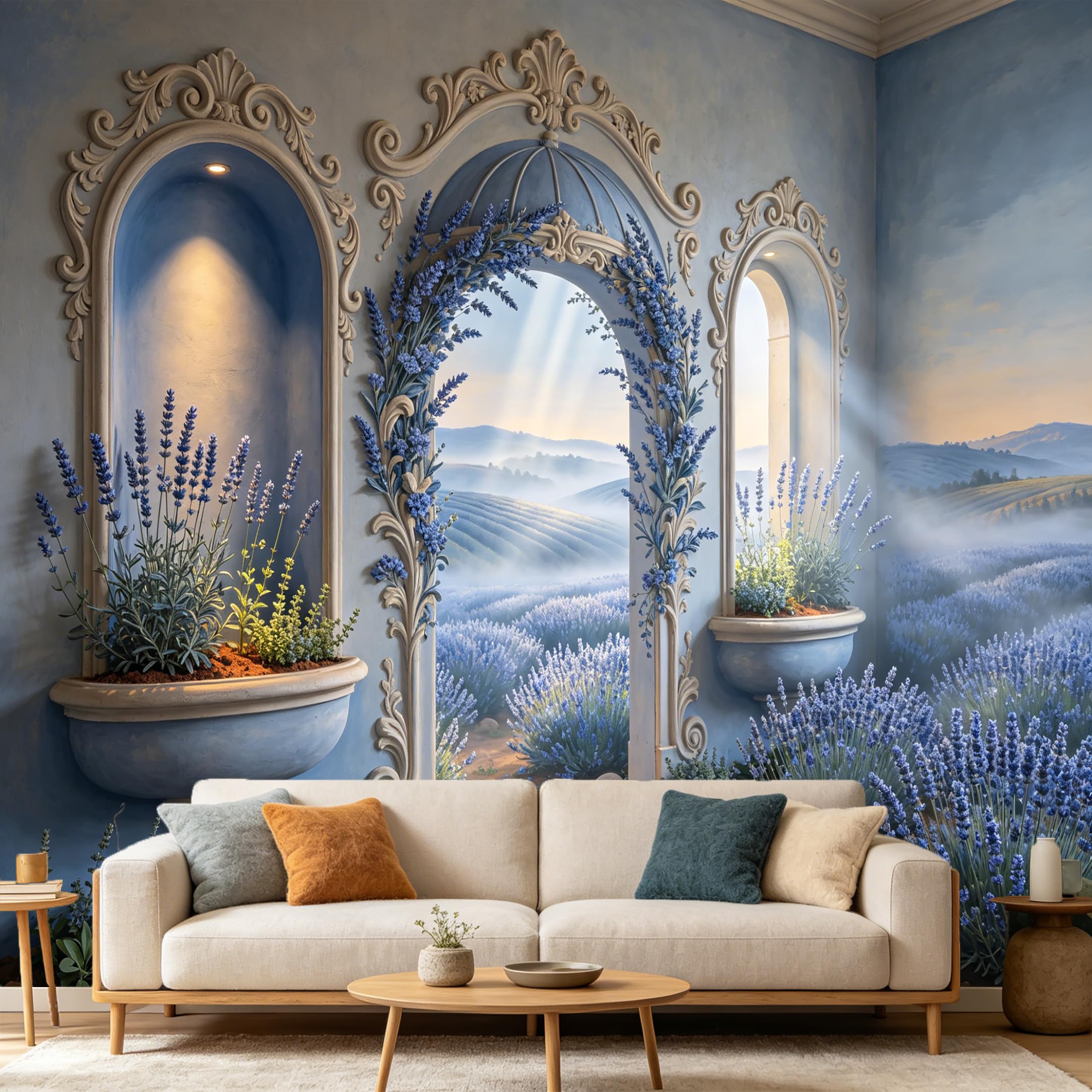 Custom Size Wall Mural， 3D Trompe L'Oeil Provence Lavender Field Archway， SelfAdhesive Art Prints wall Fabric Removable Large Wallpaper Home Living Room Decor
