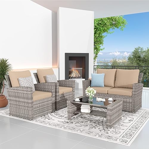 UDPATIO Outdoor Furniture Set of 4, Patio Furniture Set with Glass Top Table, Grey Rattan Sofa Chair with Khaki Cushions Sectional
