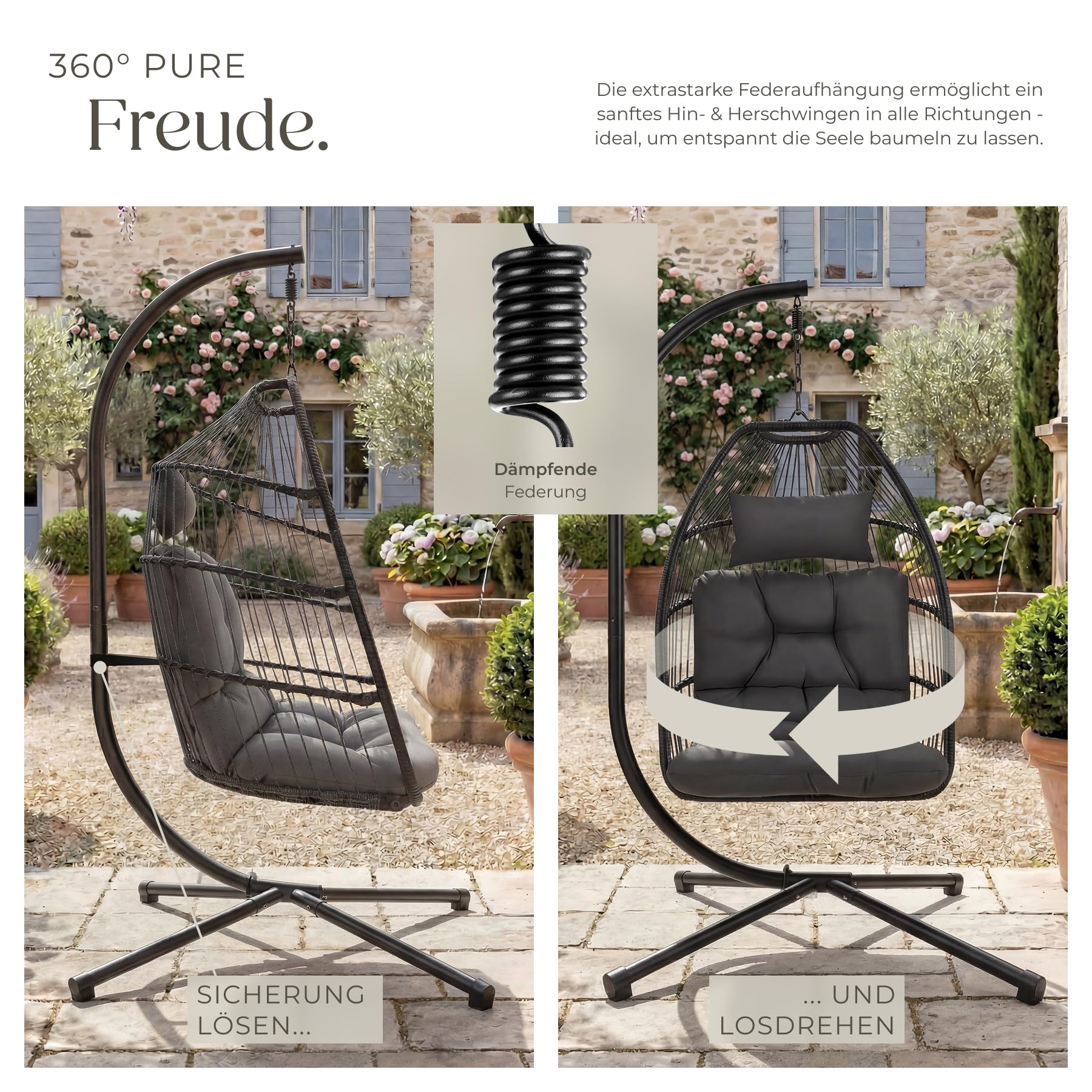 tectake® Hängesessel mit Gestell, Dicke Kissen, Möbel, Deko für Wohnzimmer, Jugendzimmer, Balkon, Outdoor oder Indoor Schaukel Sessel, Kinder & Erwachsene, belastbar bis 160kg - dunkelgrau