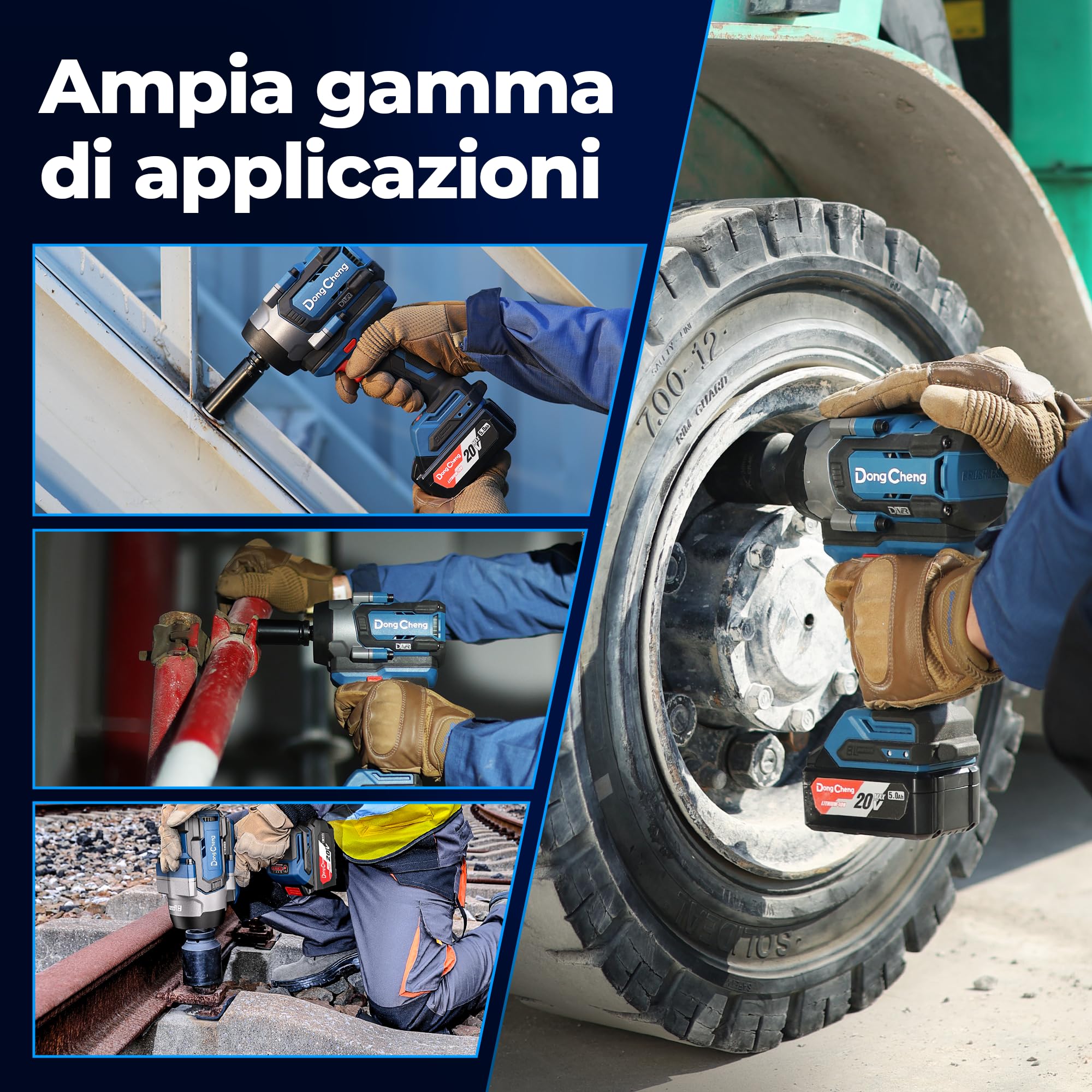 Dong Cheng Chiave a impulsi senza fili Brushless 1/2", 1700 Nm, 3 vel. 0-1900 giri/min, 2x5,0Ah + carica rapida + 3 bussole, per bulloni arrugginiti M10-M24