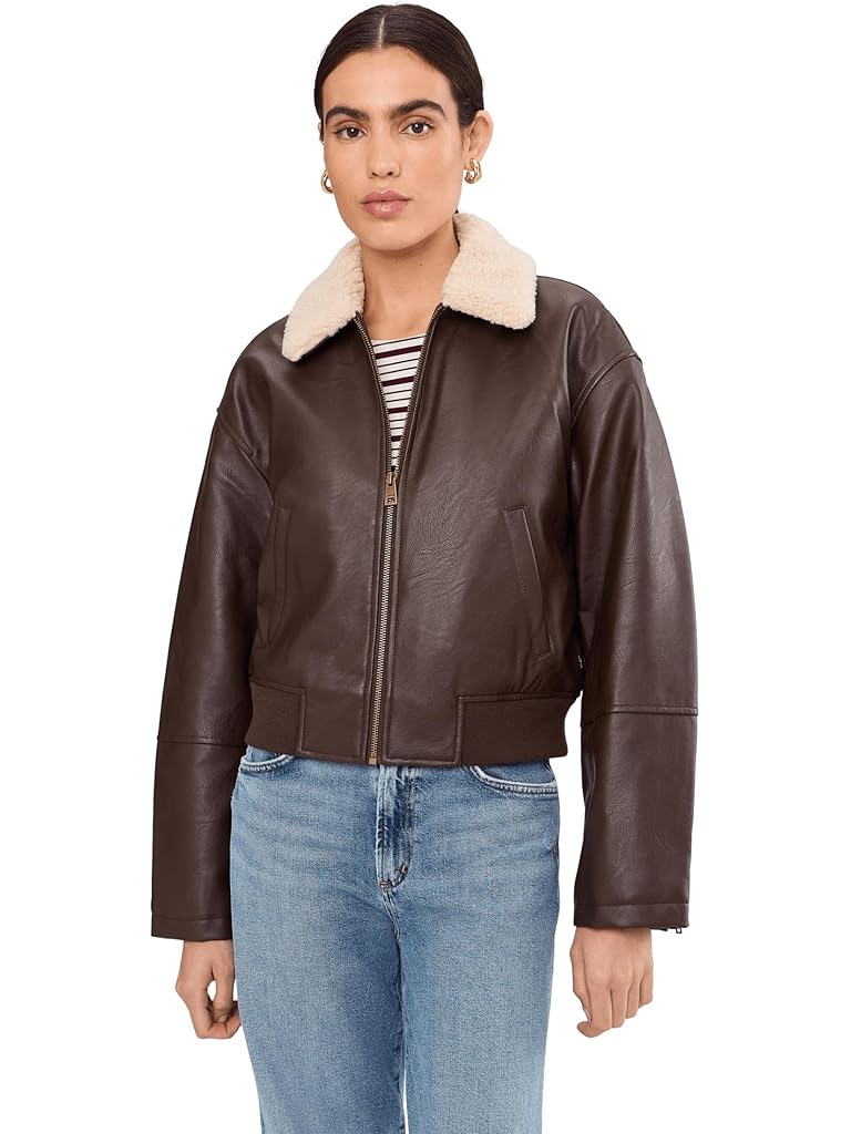 Brown Levi's® Faux Leather Bomber With Sherpa Collar