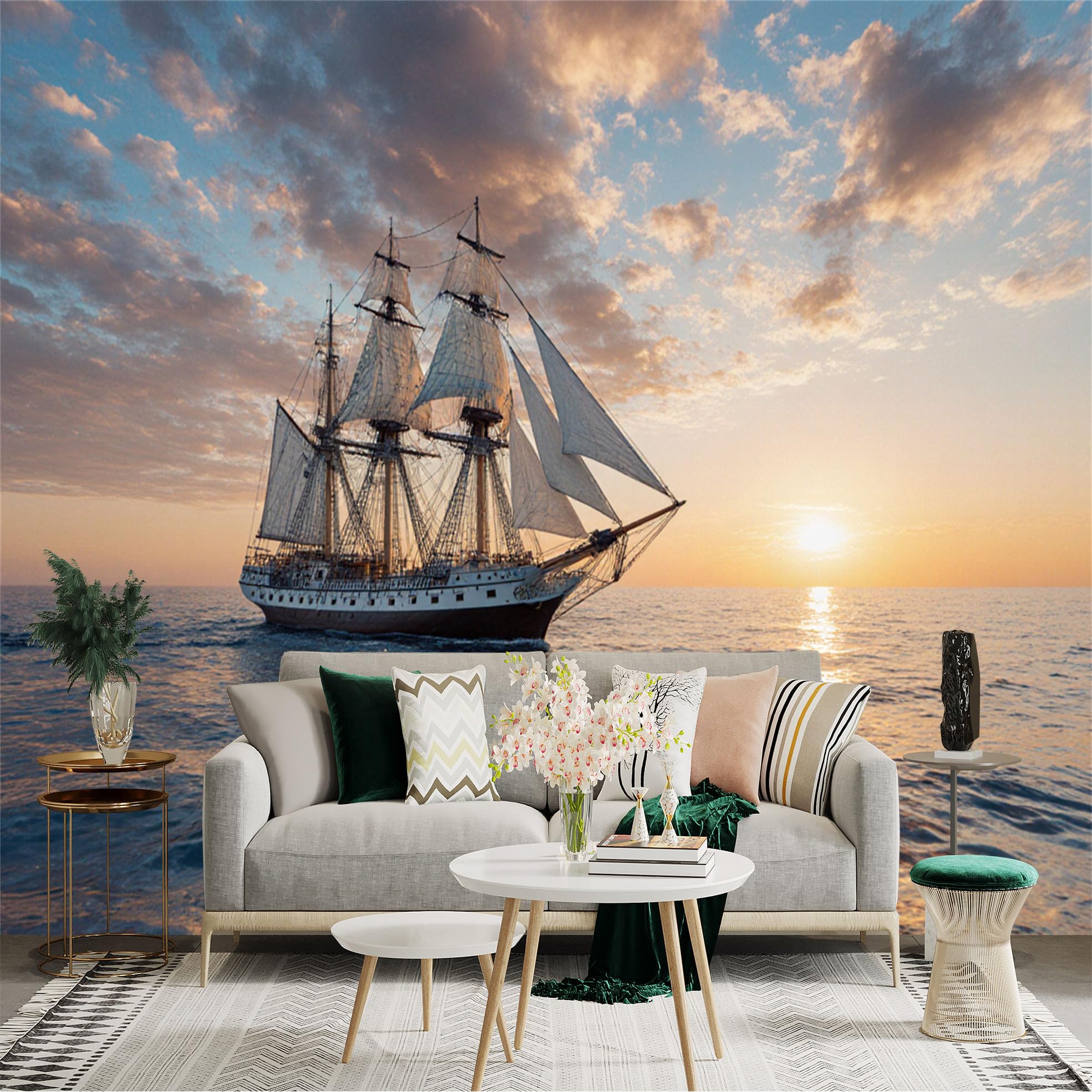Custom Size Wall Sticker Mural， Vintage Tall Ship Sailing on Ocean， Majestic Sailboat at Sunset， Nautical Sea Landscape， for wall Decoration， peelandstick wall Decals.