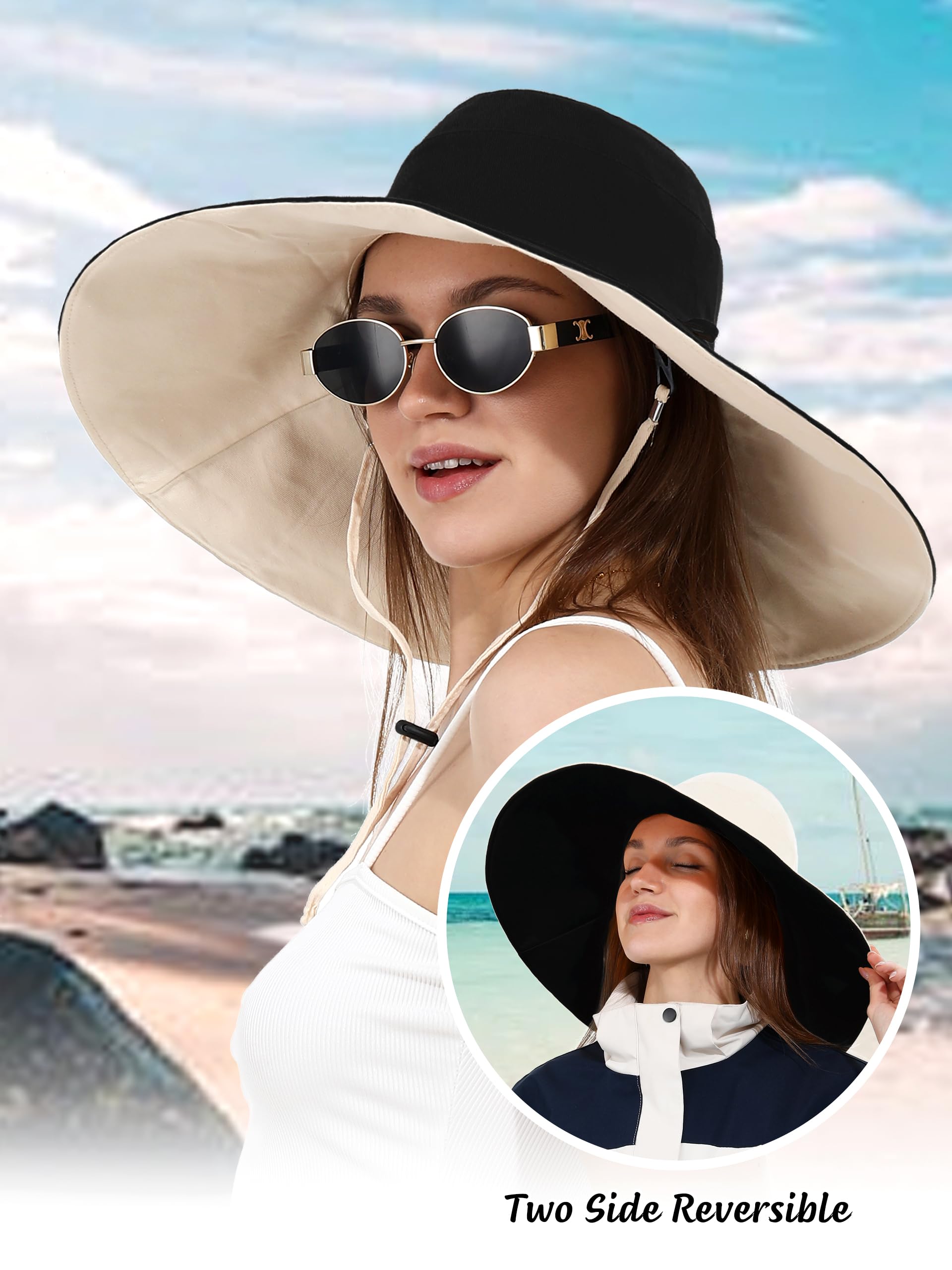 Chapeau de Pêche Réversible Femme en Coton Ultra Large Bord Protection UV 50+ Pliable Bob Plage Été Corde Brise Vent