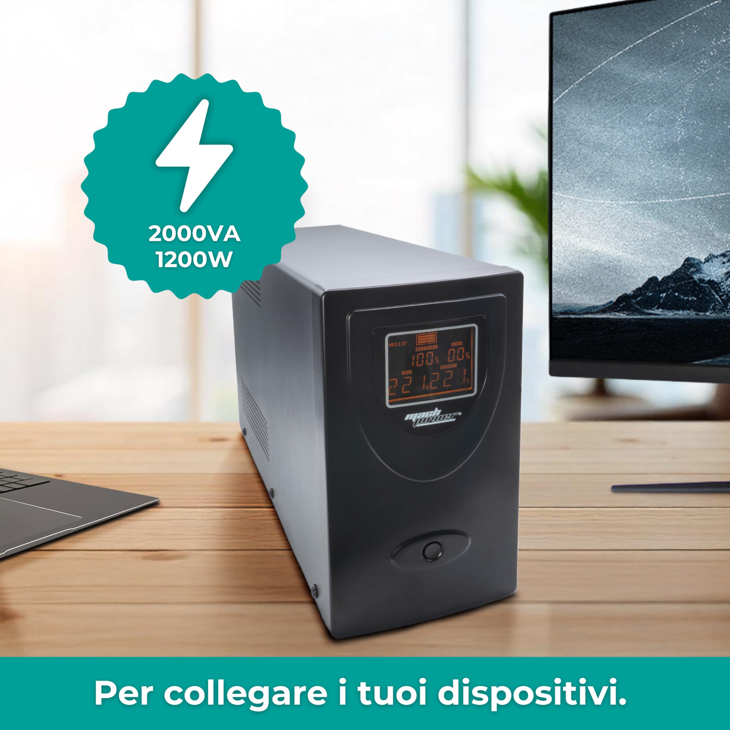Gruppo di continuità line interactive 2000VA/1200W, stabilizzatore AVR, 2 batterie 12V/9Ah, 2 uscite Schuko/Ita, 1 Porta USB, display LCD, struttura in metallo UPS-LIT20MD (2000VA/1200W)
