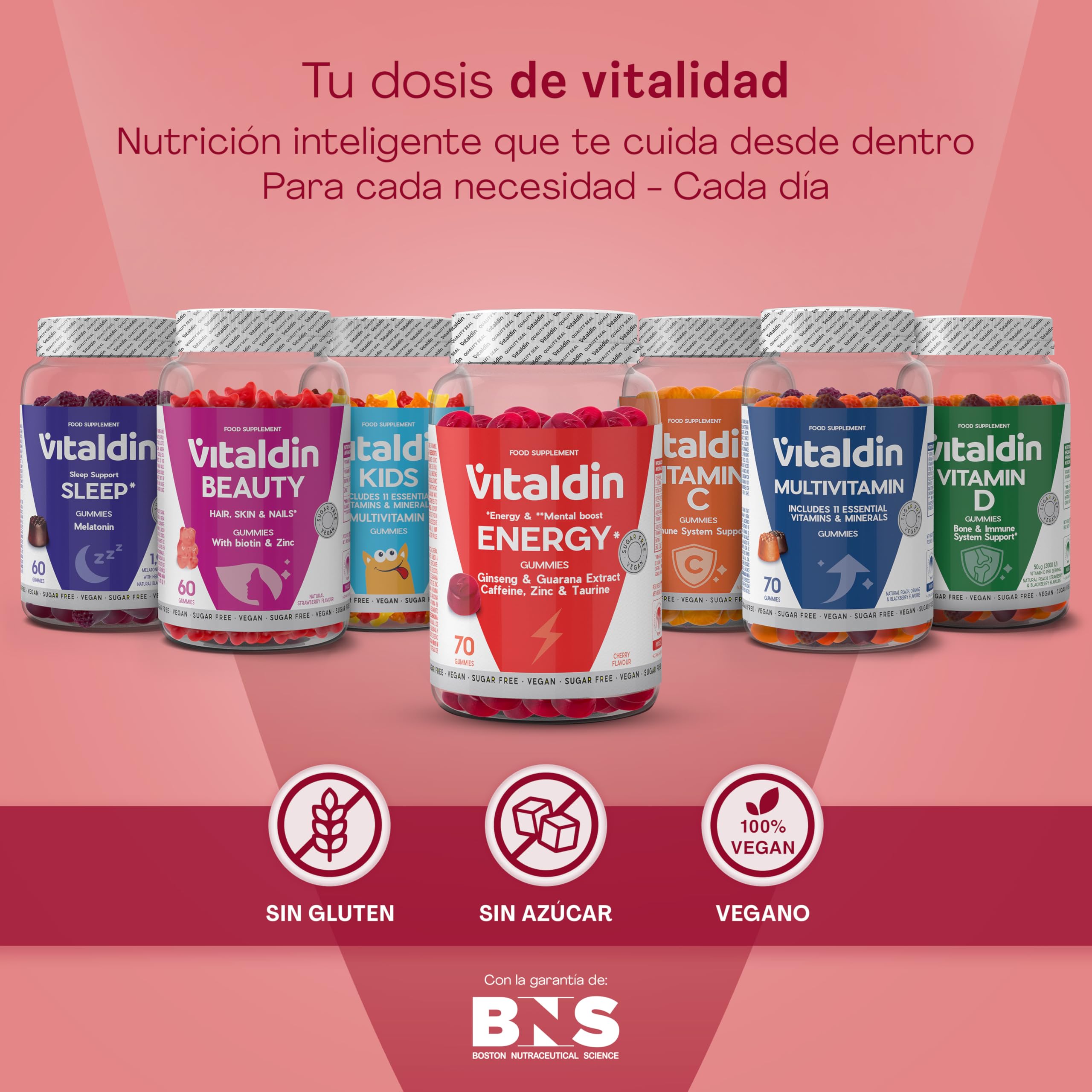VITALDIN Energy Gummies –Gominolas Energéticas Veganas y Sin Azúcares añadidos–Con Ginseng,Guaraná,Cafeína,Taurina y Vitaminas B–Mejora la Concentración y Reduce la Fatiga–Sabor Cereza–70 gomas