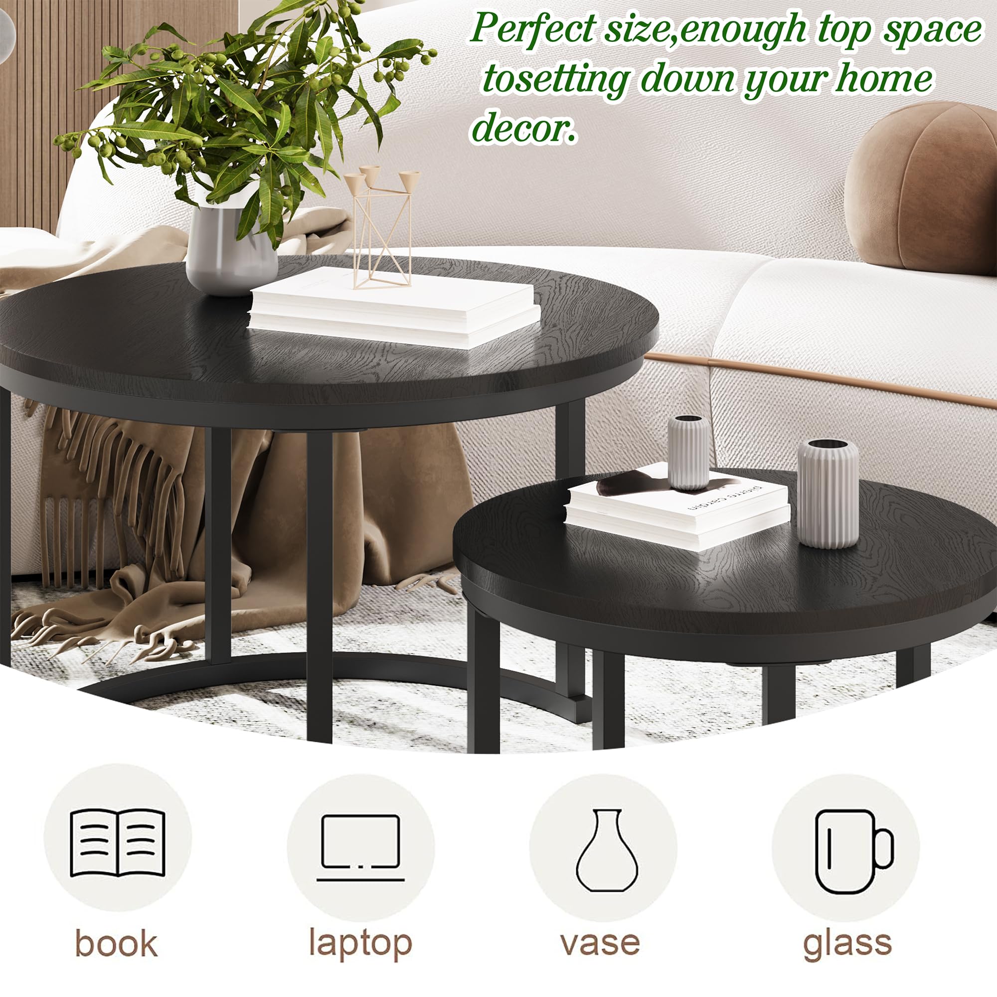 HOMERECOMMEND Tavolino rotondo, set da 2 pezzi, tavolino da salotto in legno, moderno, con struttura in metallo, per soggiorno, balcone, nero