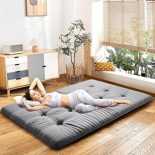 ROKOK - Colchón de futón japonés tamaño matrimonial, cama elástica y gruesa de 4 pulgadas, espuma enrollable portátil y plegable, tapete de tatami