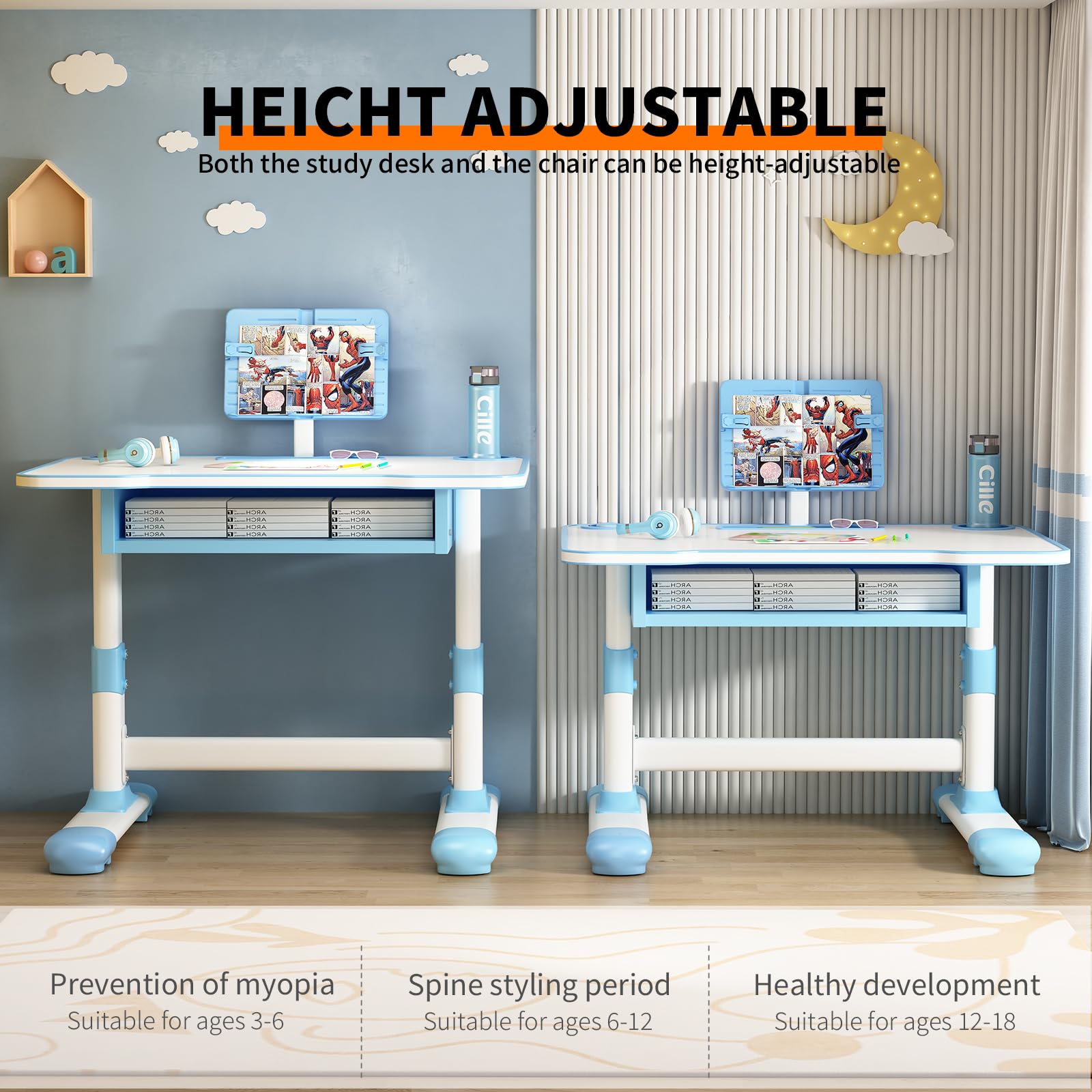 Vinteky Kinderschreibtisch, Schreibtisch Höhenverstellbarer schreibtischstuhl Jugendschreibtisch mit Stuhl für Kinder, Schreibtische für Kinder mit Schubladem (Blau)